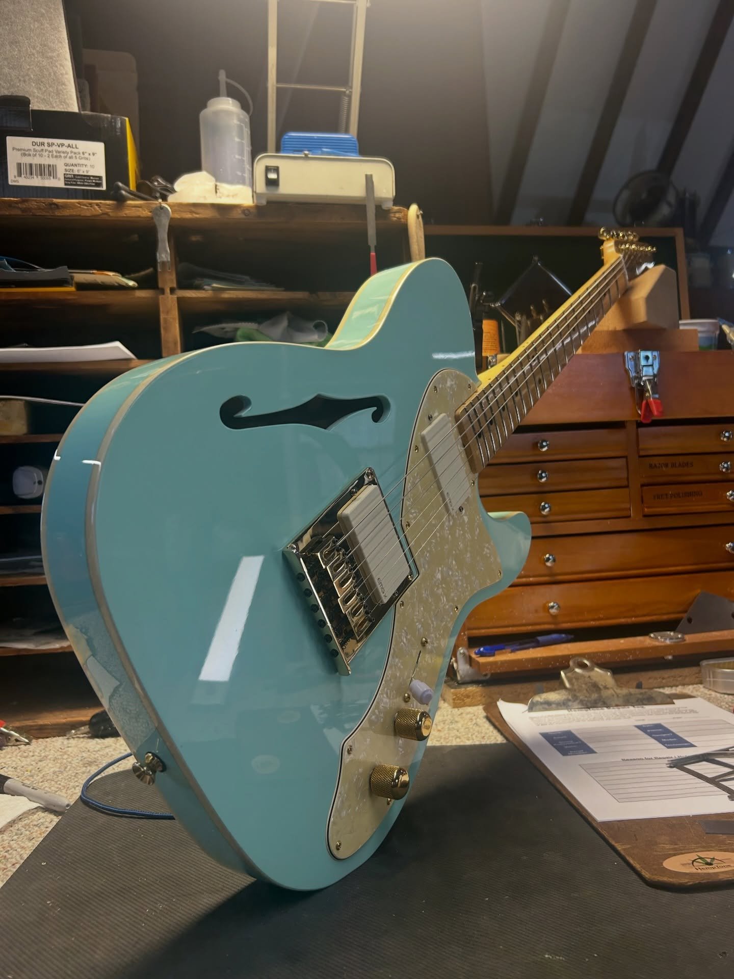 That&rsquo;s a wrap for this supercool Partscaster. Arrived with neck and bridge each off-center. Neck was less askew, so we decided to let it win and repositioned the bridge. After some pickup cavity filling and rerouting, pickguard trimming, fretwo