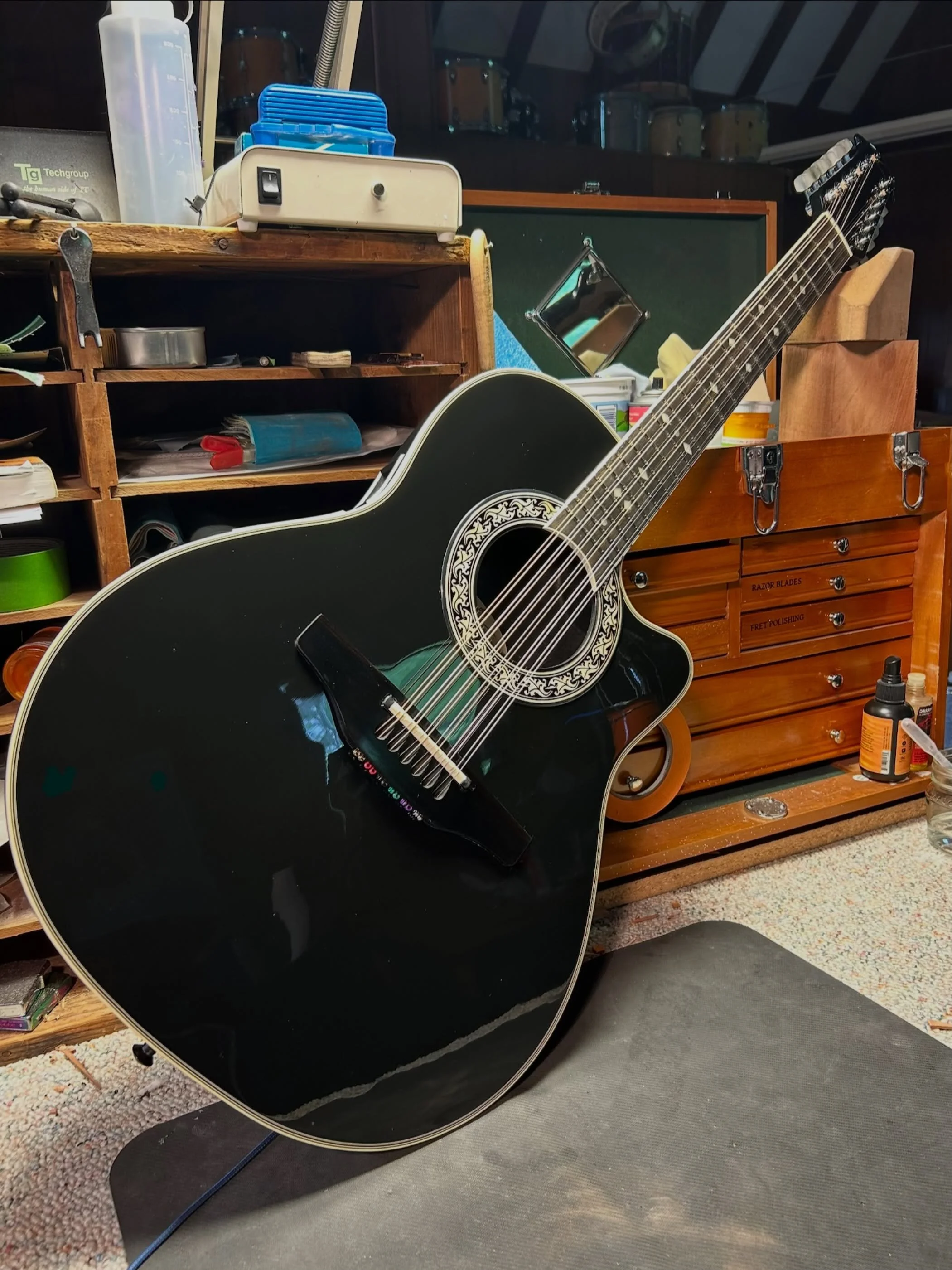 I feel like I get more than my fair share of Ovations find their way through my shop. They are not particularly fun for me to work on. This 12-string was for a teenager who's guitar-obsessed, and I like to do what I can to encourage that sort of thin