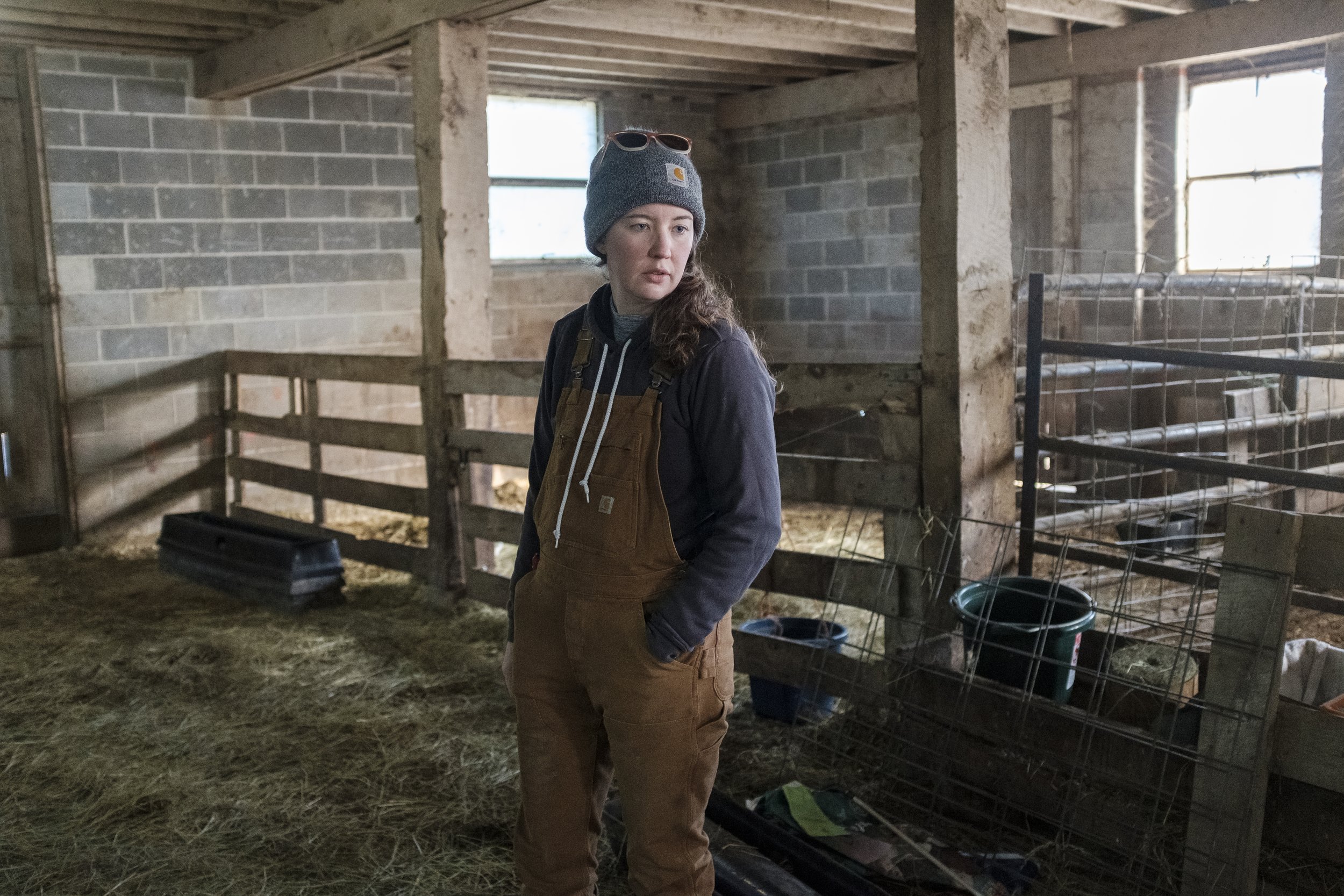 Rachel Wagoner raises sheep and cattle at her farm in Darlington, Pennsylvania, about three miles from the site of the Feb. 3, 2023, toxic train derailment.