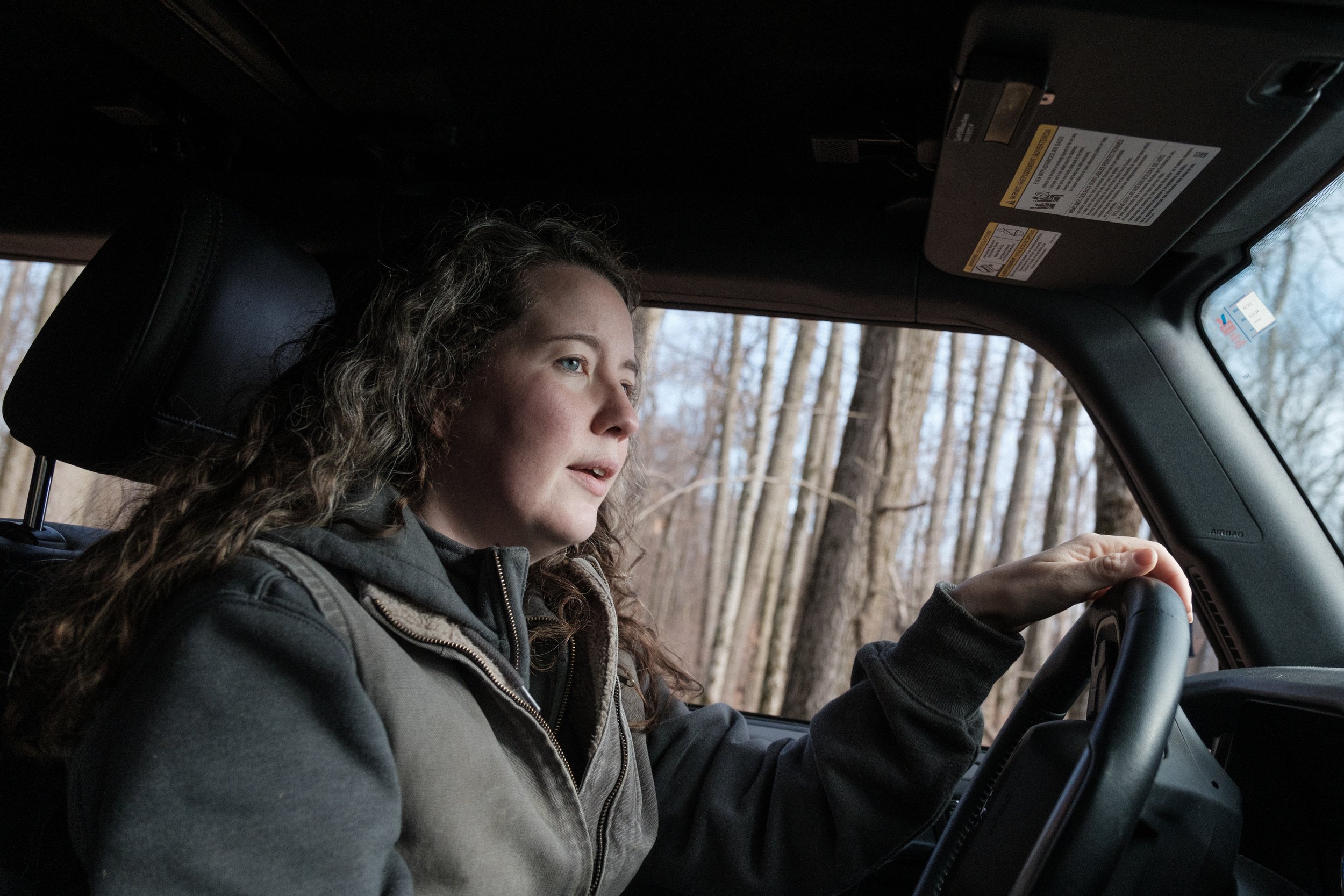 Rachel Wagoner of Tall Pines Farm in Darlington, Pennsylvania, just across the border from East Palestine, drives to their livestock pasture on Jan. 31, 2024.