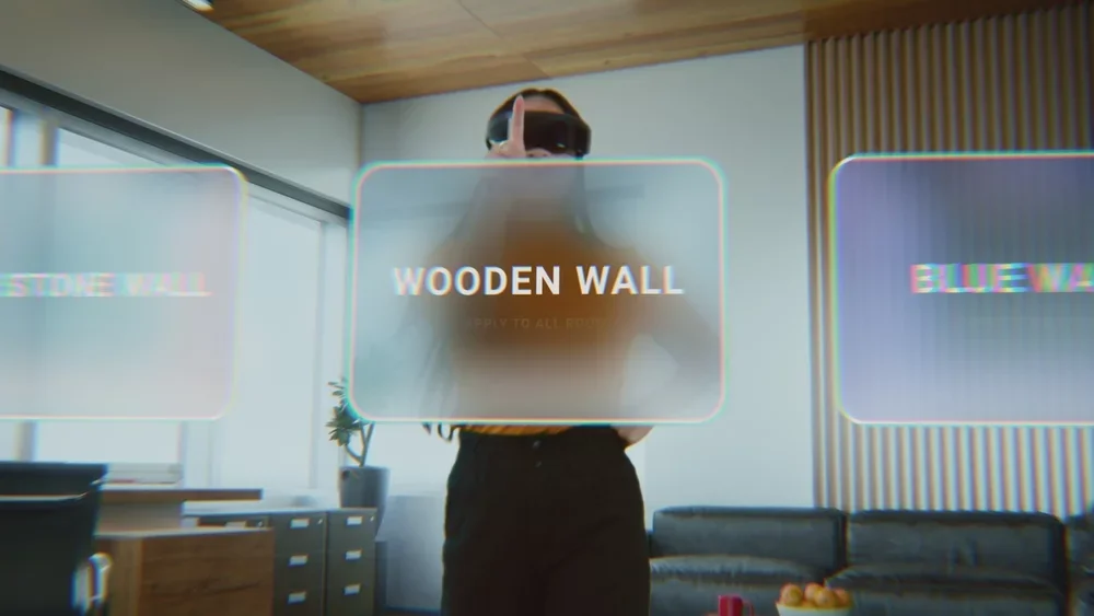 Talented Asian female designer in virtual reality headset uses augmented reality AI interior design app