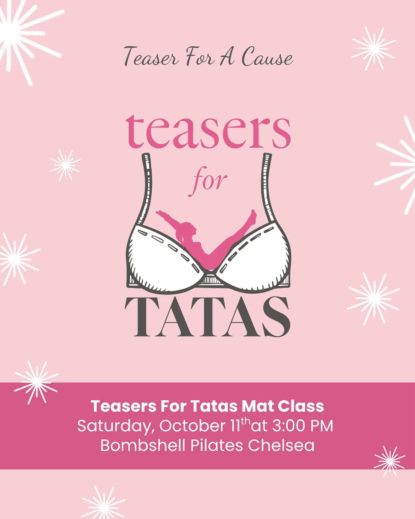 Teasers for Tatas Mat Class at Bombshell 🌸

🗓️ Saturday, October 11th
⏰ 3:00 PM
📍Chelsea Studio (135 W 20th St)

@teasersfortatas is a Pilates organization that raises funds for breast cancer research and to contribute to organizations that suppor