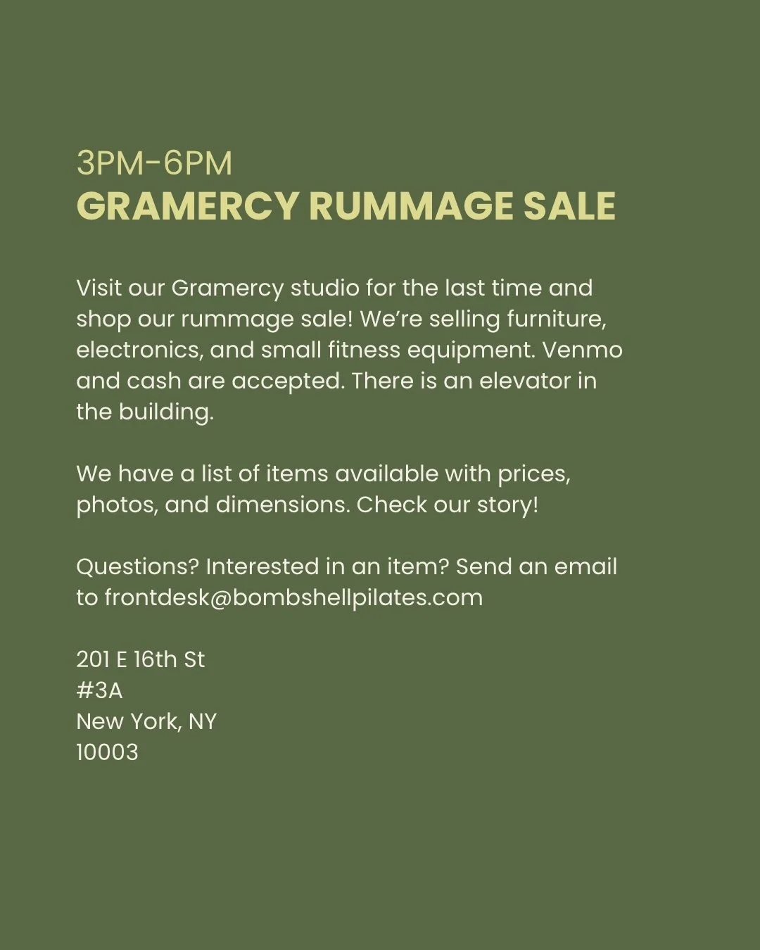 RUMMAGE SALE SUNDAY (3/15) AT 3PM-6PM

Pick up at: Bombshell Pilates Gramercy
201 E 16th St 3A, New York, NY 10003
Cash or Venmo

PHOTOS AND PRICES AVAILABLE IN GOOGLE DOC DM FOR LINK

More items will be available onsite at the event!