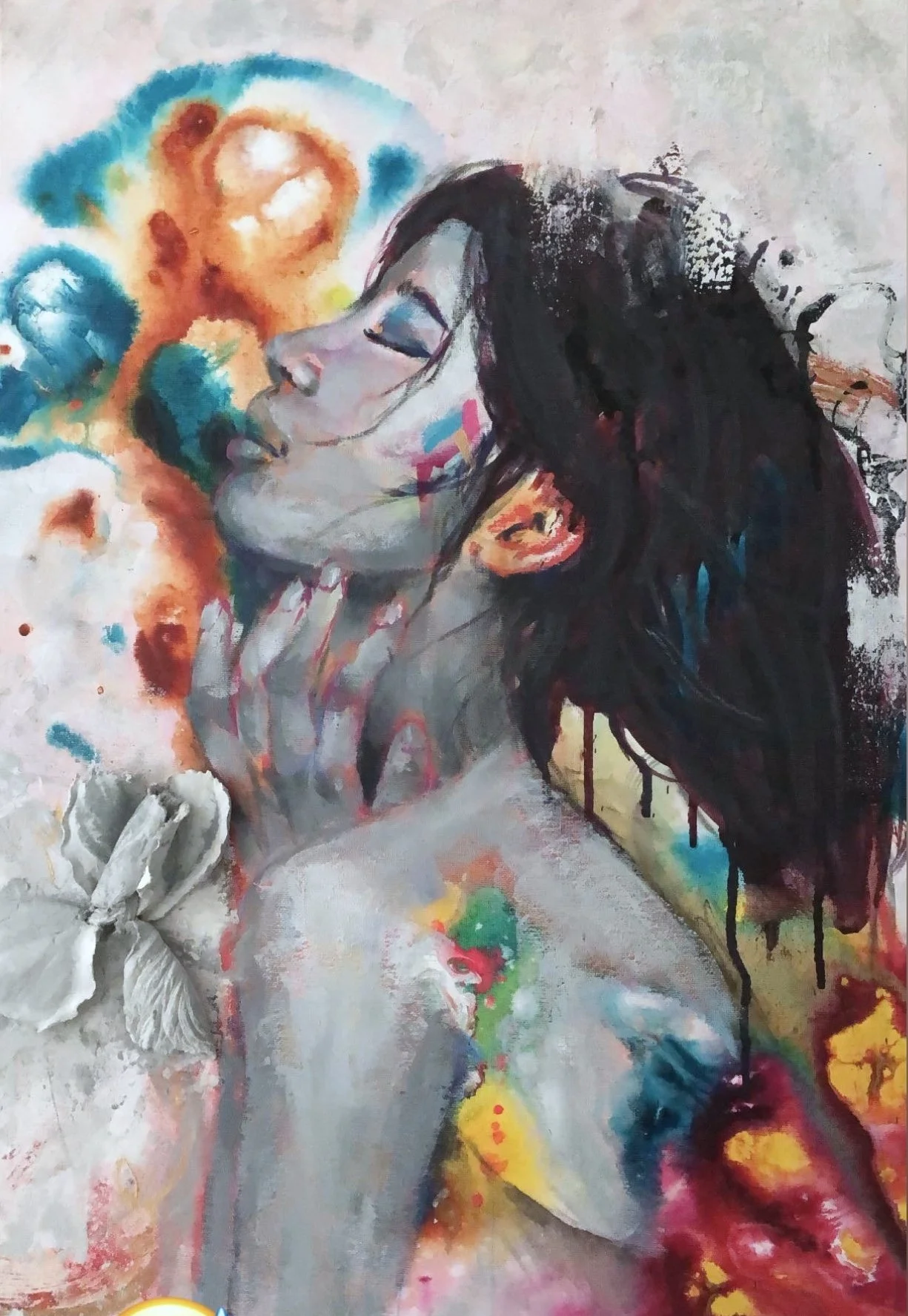 Mixed media painting by Alexis Marie titled "Breathe": A black and white portrait of a woman sculpted iris flowers