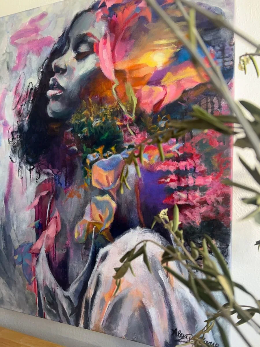 Black and white portrait painting of a woman with white calla lilies and peonies