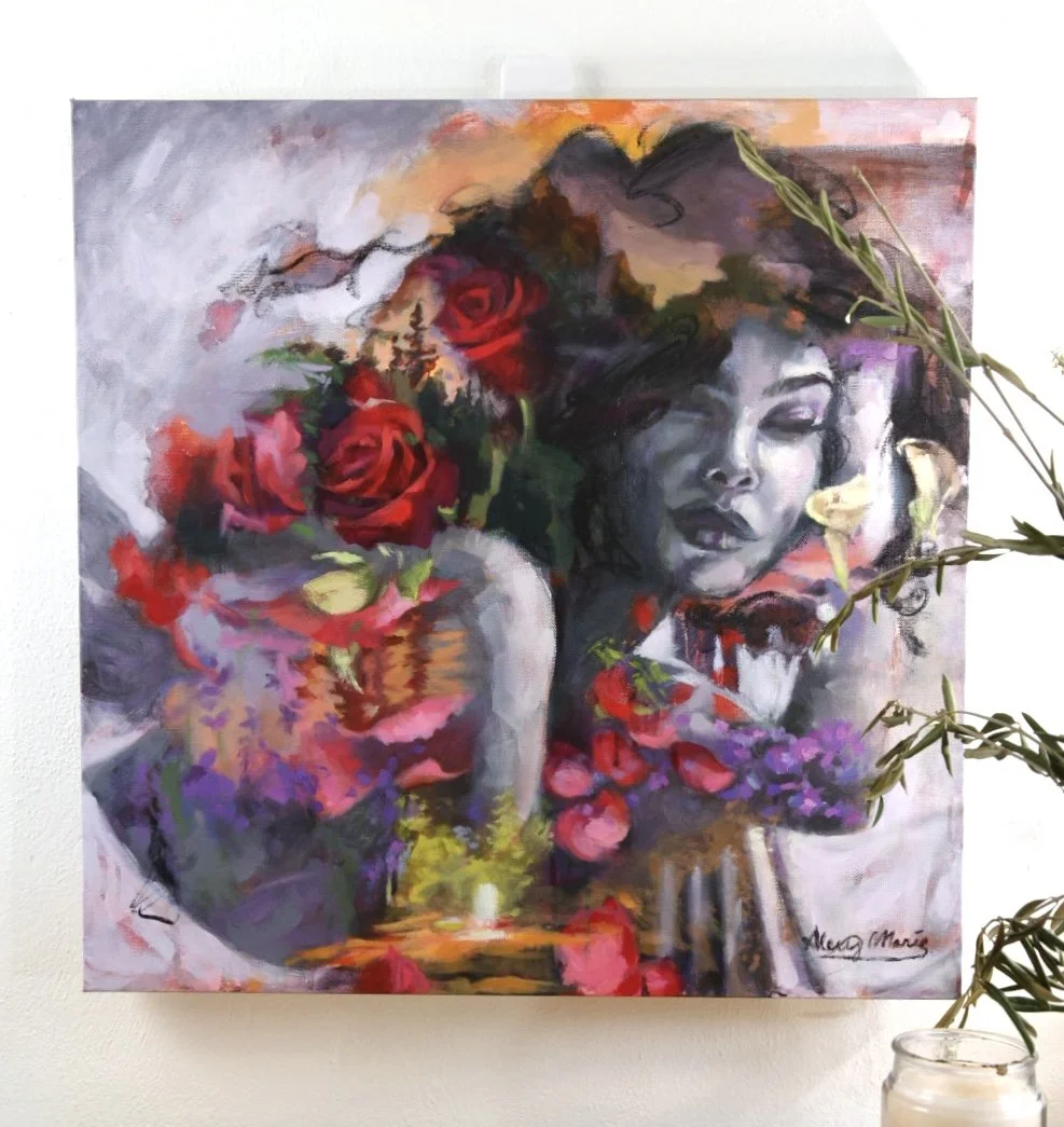 A black and white mixed media oil portrait with vibrant elements of a woman painted by Alexis Marie titled "Reverie"
