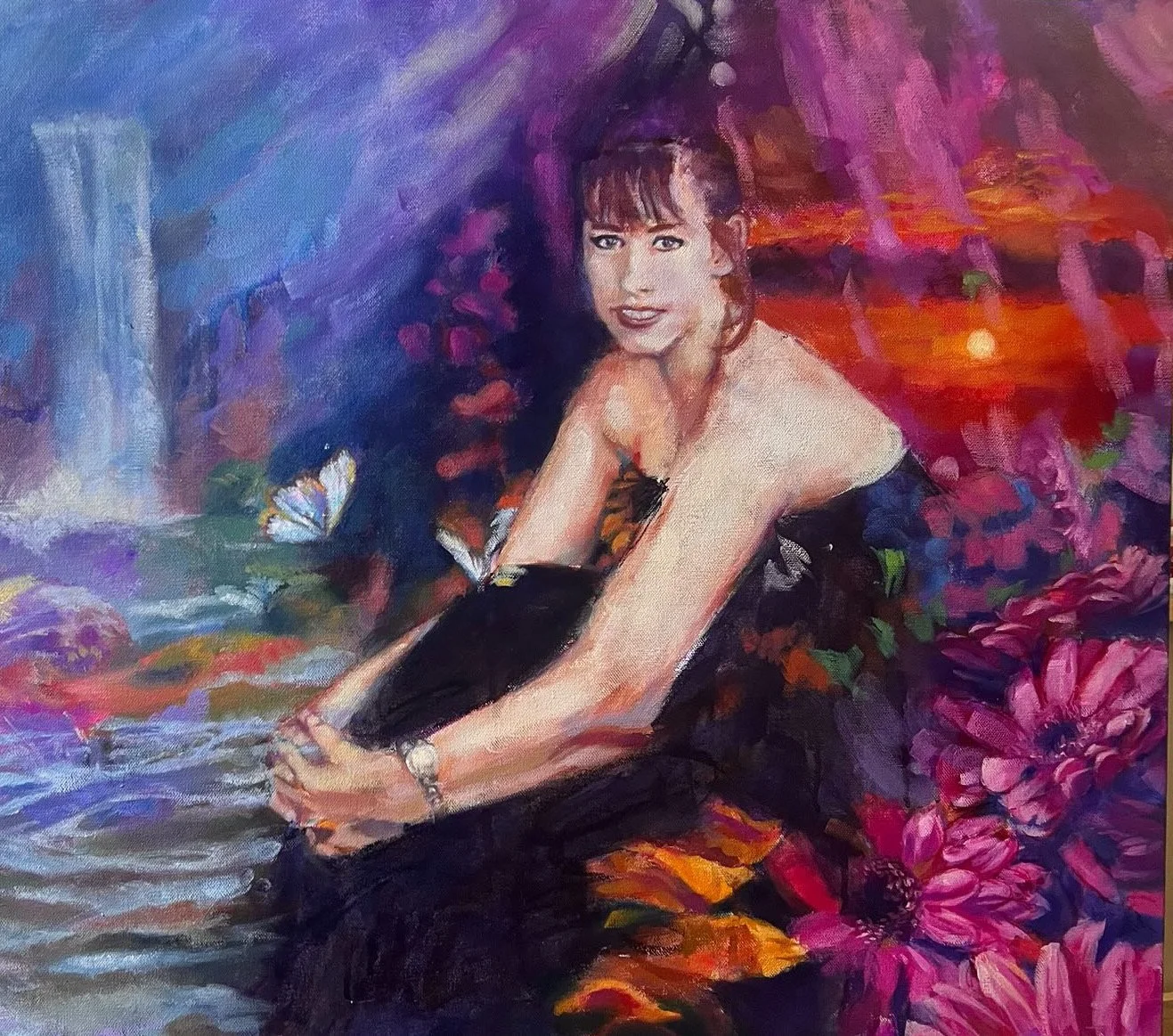 Full-body portrait commission of a women sitting next to a waterfall, hand-painted in color by Alexis Marie