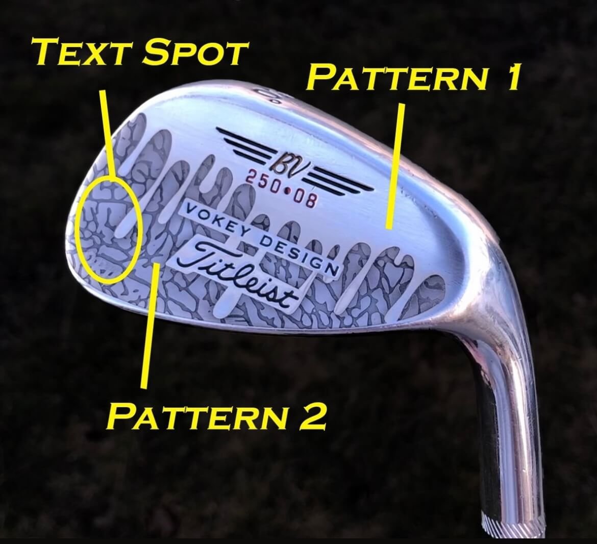 Golf club with Titleist Vokey Design markings, displaying two distinct engraved patterns labeled Pattern 1 and Pattern 2, and a spot labeled Text Spot. Model number 250-08 is also visible.