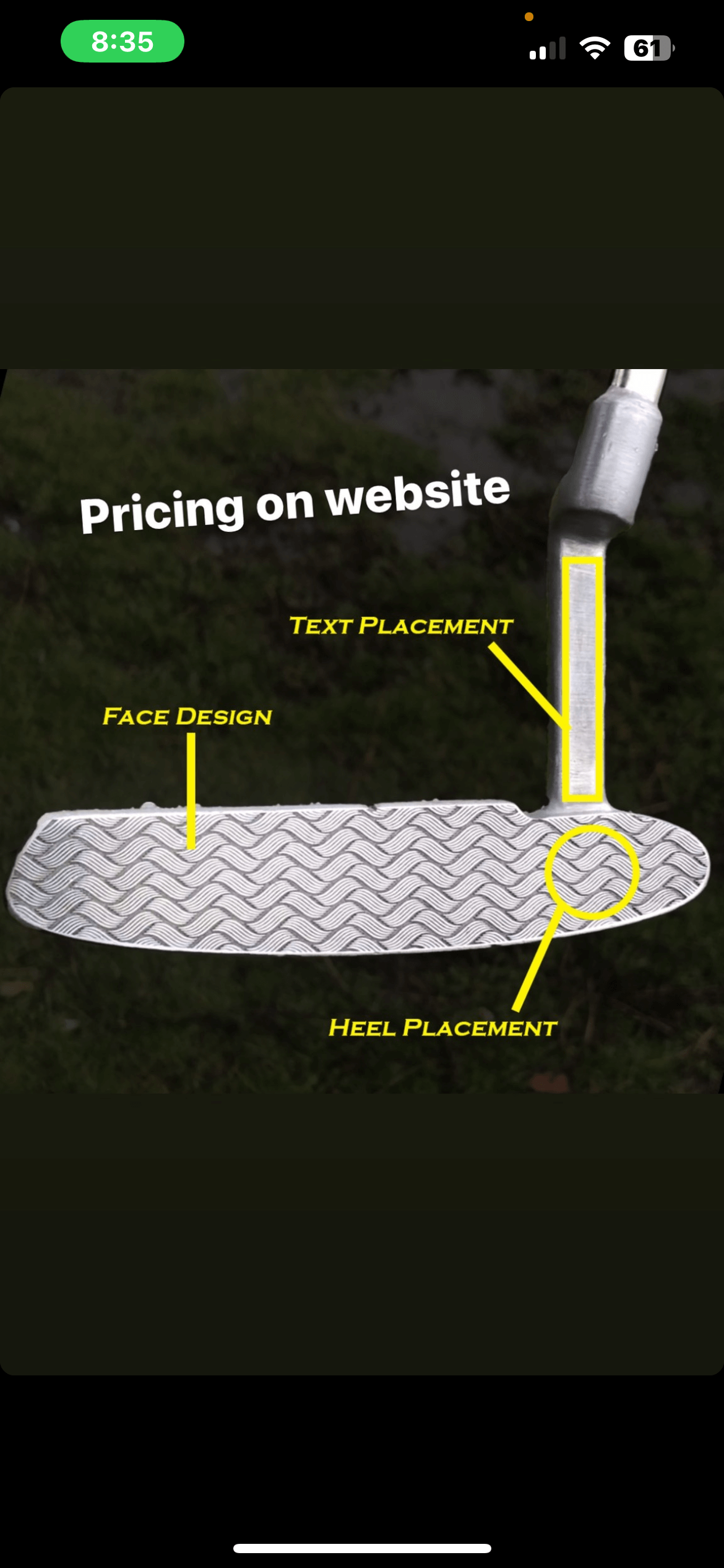 Golf club head with labeled sections for face design, text placement, and heel placement, with text "Pricing on website."