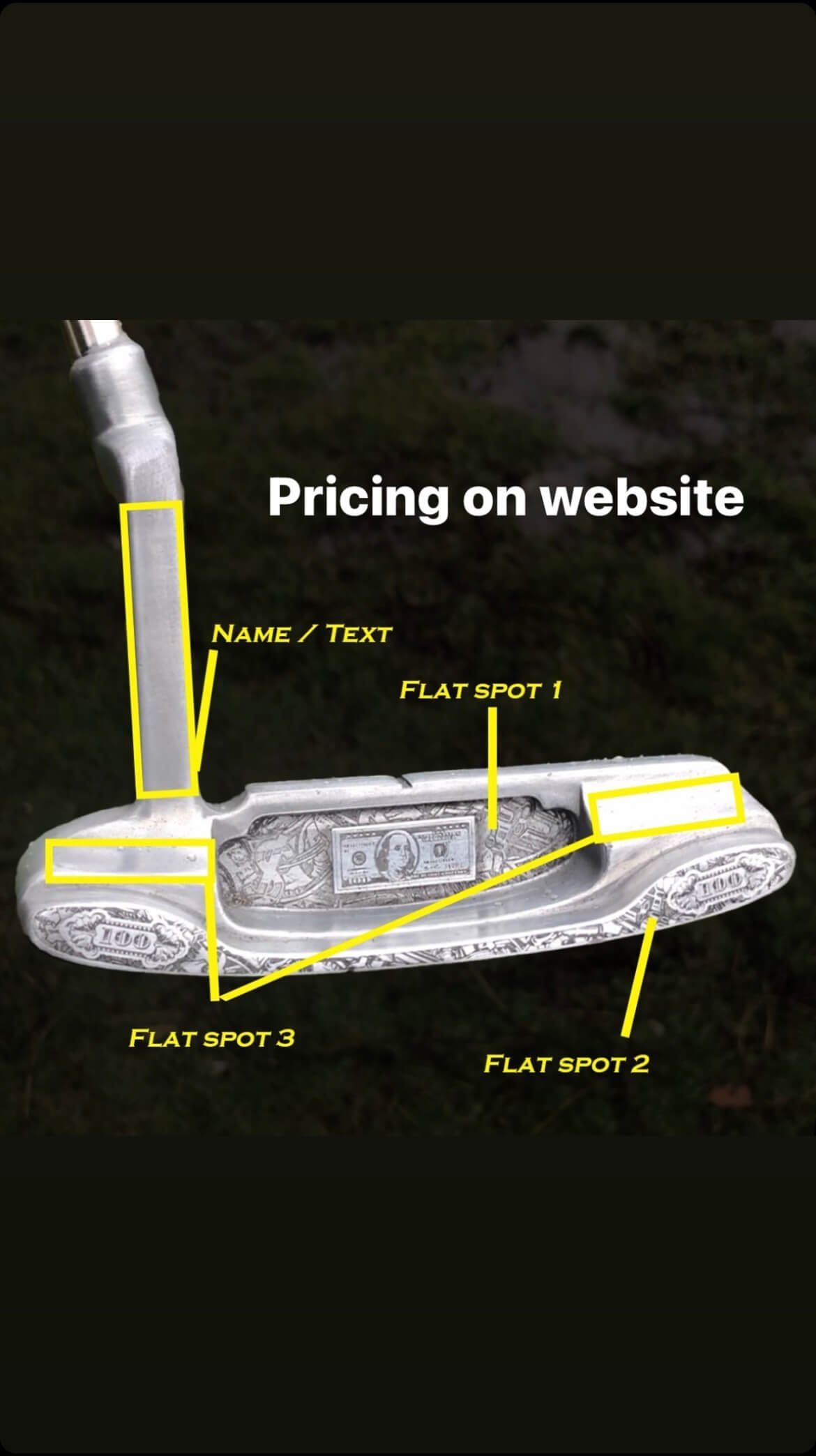 Detailed golf putter design with engraving, labeled sections for customization, text mentioning pricing on website.