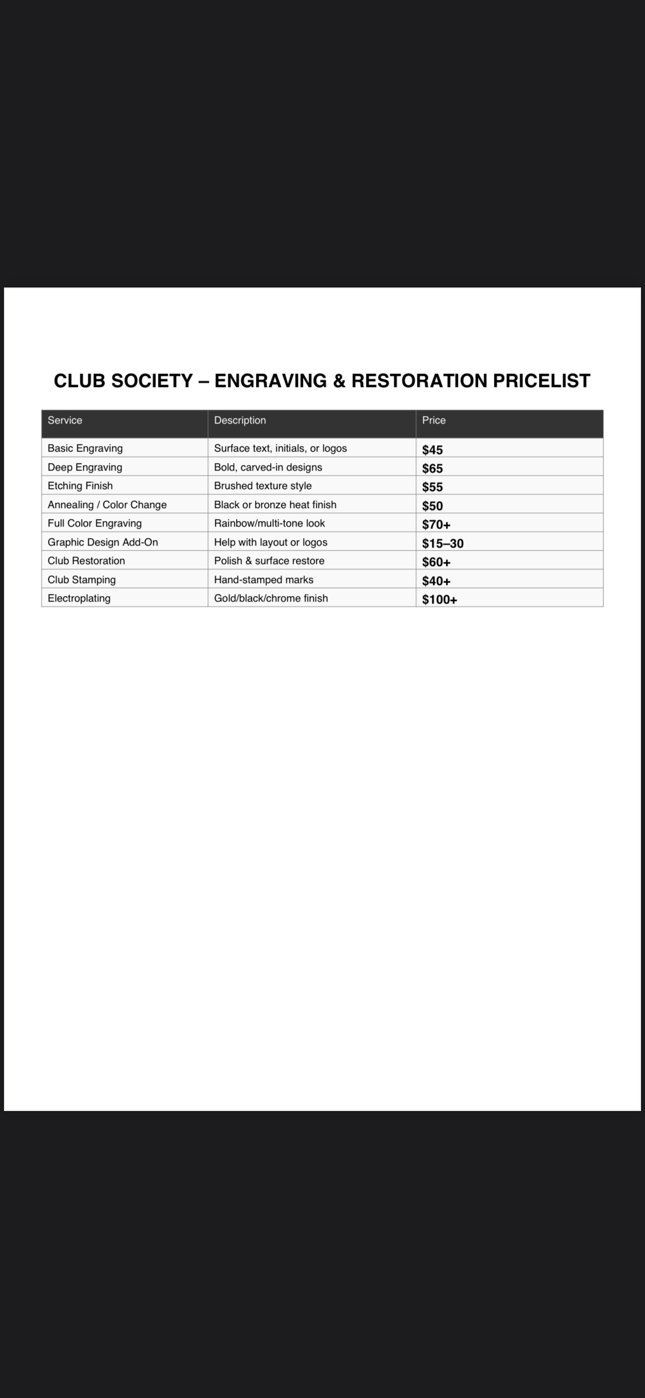 Pricelist for Club Society Engraving and Restoration, including services like basic engraving, deep engraving, etching finish, annealing, full color engraving, graphic design, club restoration, club stamping, and electroplating with respective prices.