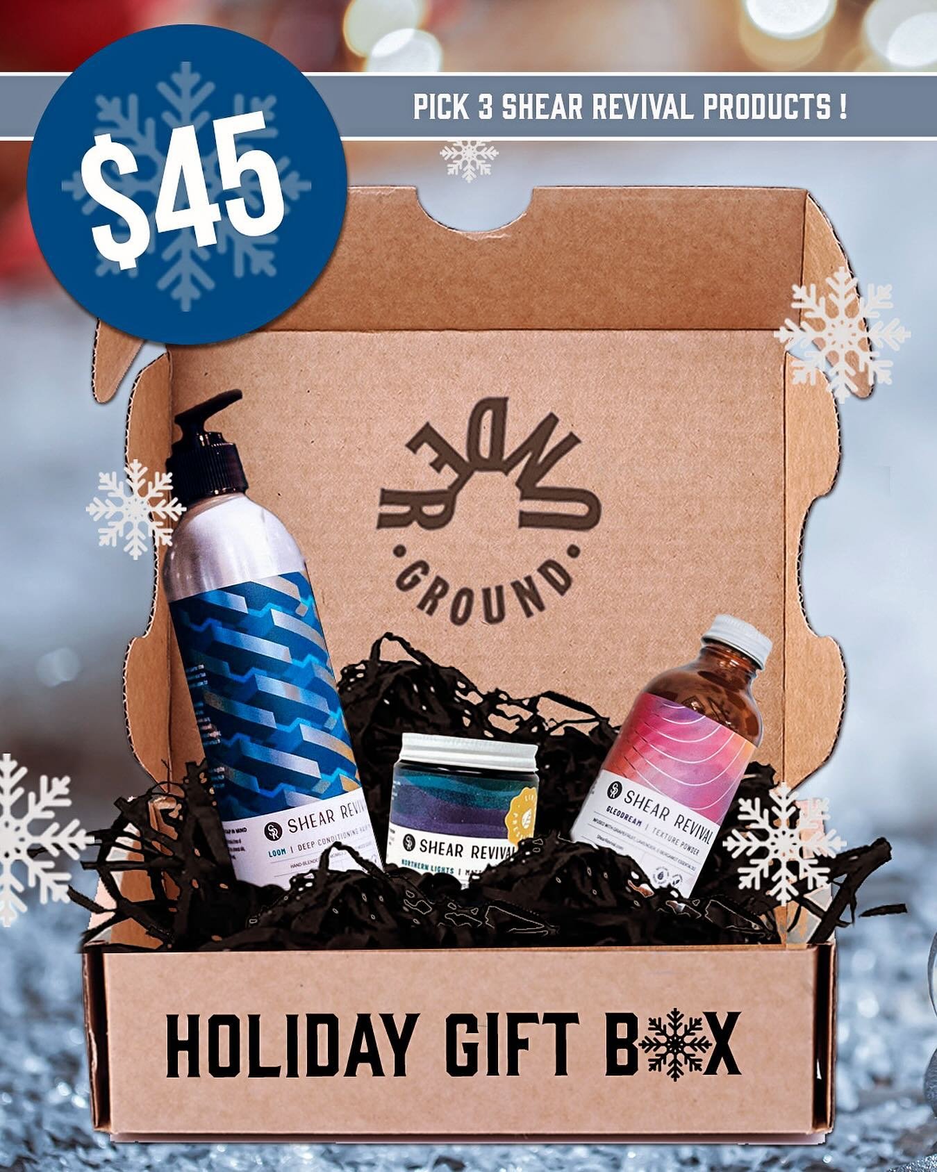 HOLIDAY GIFT 🎁 BOX! Let @undergroundjxn cut the stress out of finding the perfect gift for your favorite guy this season. Starting now until Christmas, you can get our holiday gift box for only $45! You can mix and match 3 products from Shear Reviva