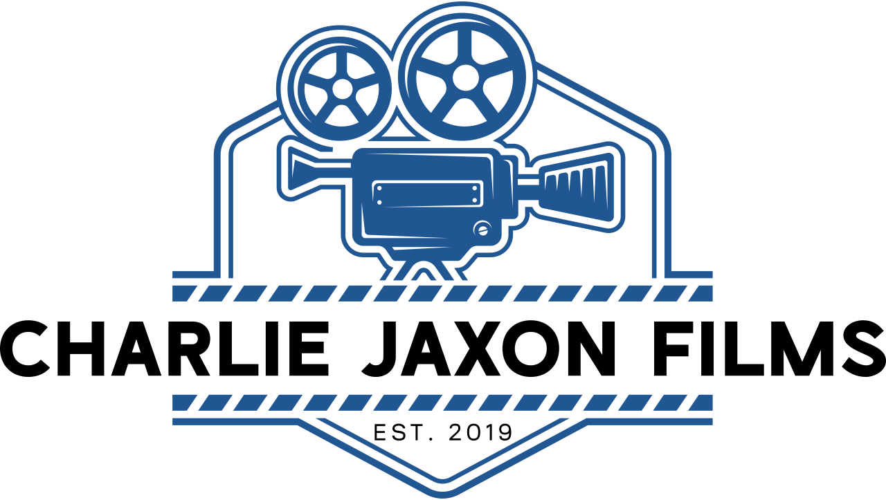 Blue outline drawing of a vintage film projector on a black background.