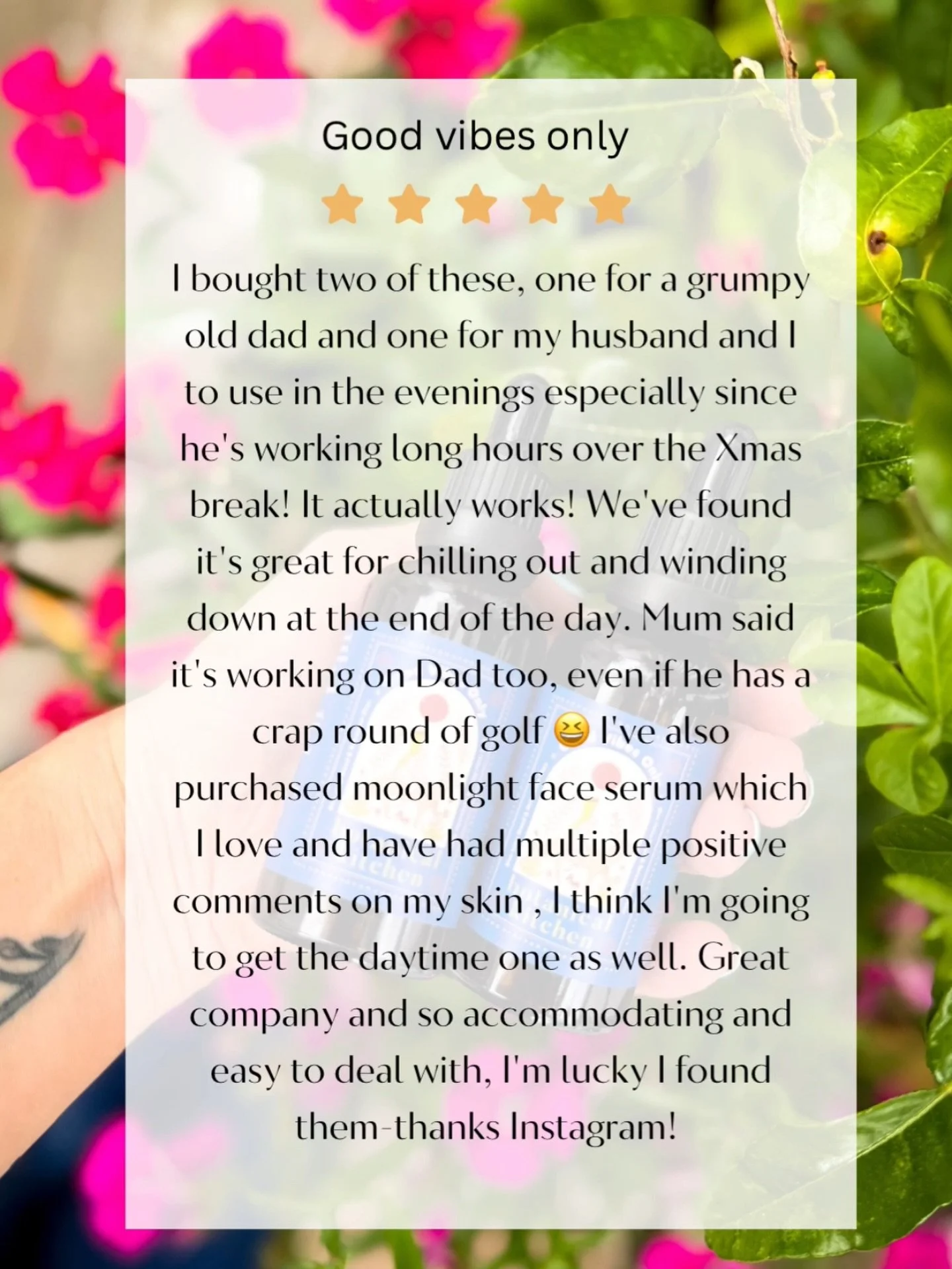 ⭐️⭐️⭐️⭐️⭐️ Good Vibes Only ✌️

I love this review 💛 great for grumpy dads and husbands&hellip;? (And anyone really) xo