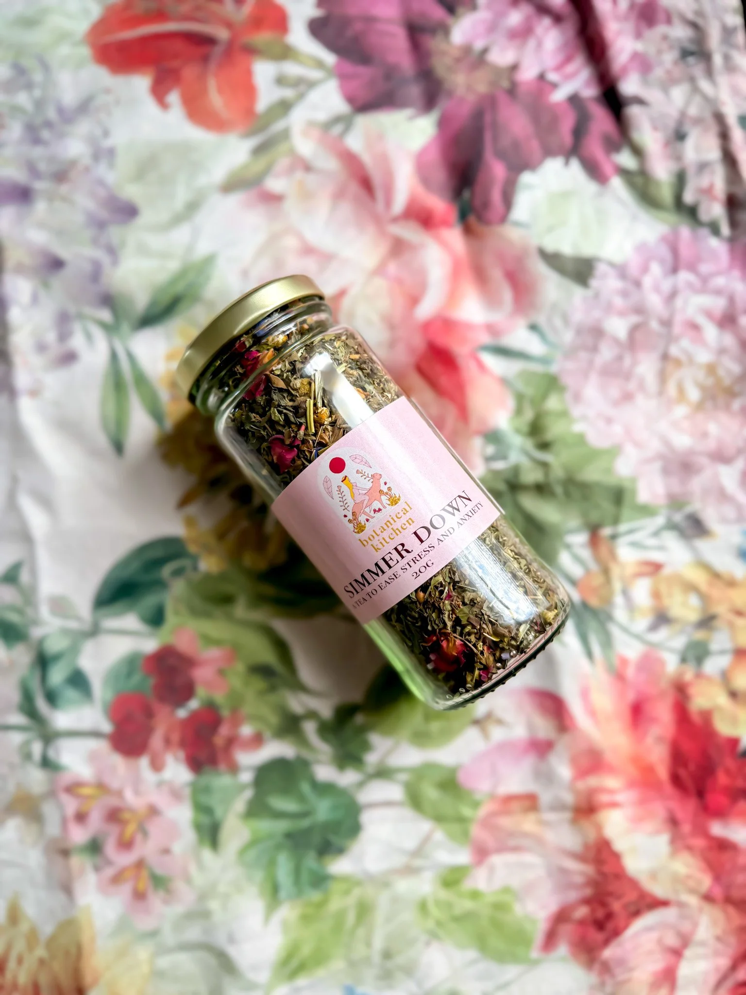 Simmer Down Tea with passionflower, skullcap, chamomile and rose for stress and nervous system support