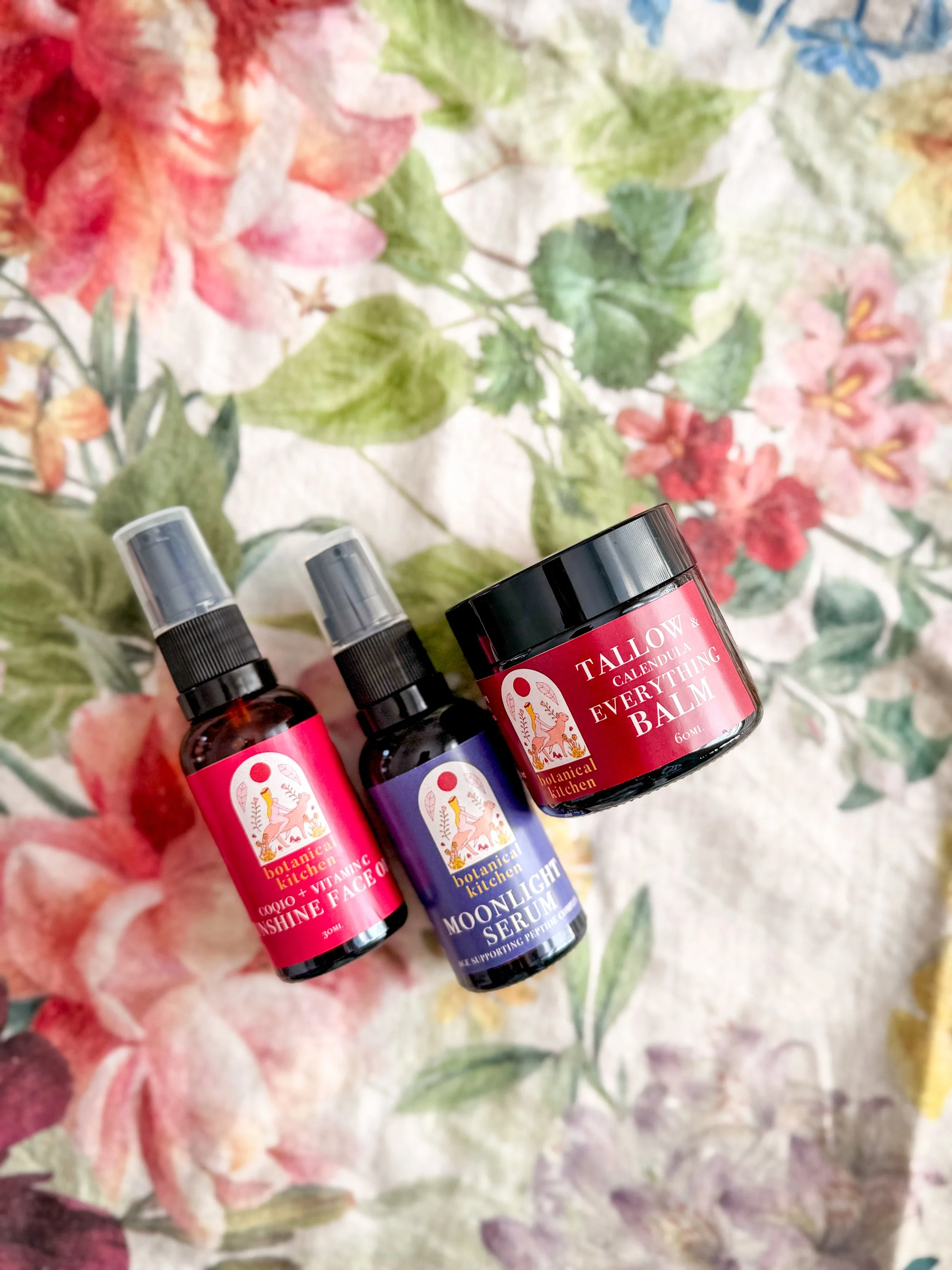 Founders skincare bundle featuring Moonlight Serum, Sunshine Face Oil and Calendula Everything Balm