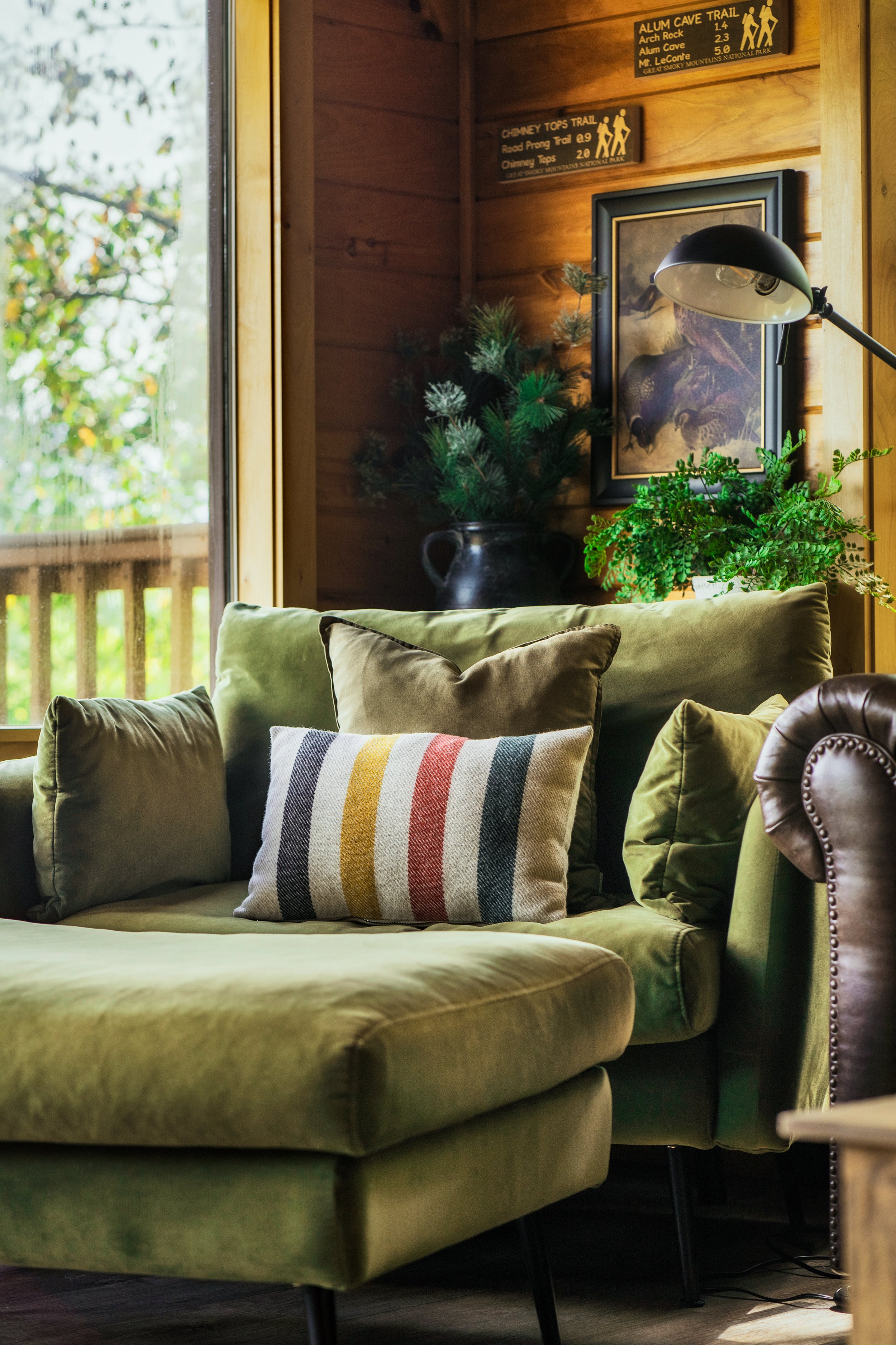 A cozy living room corner with a green velvet sofa, decorated with pillows including a multicolored striped one. Behind the sofa, the wall features framed pictures, a small plant, and a ceramic jug with greenery. A window with a wooden frame lets in 