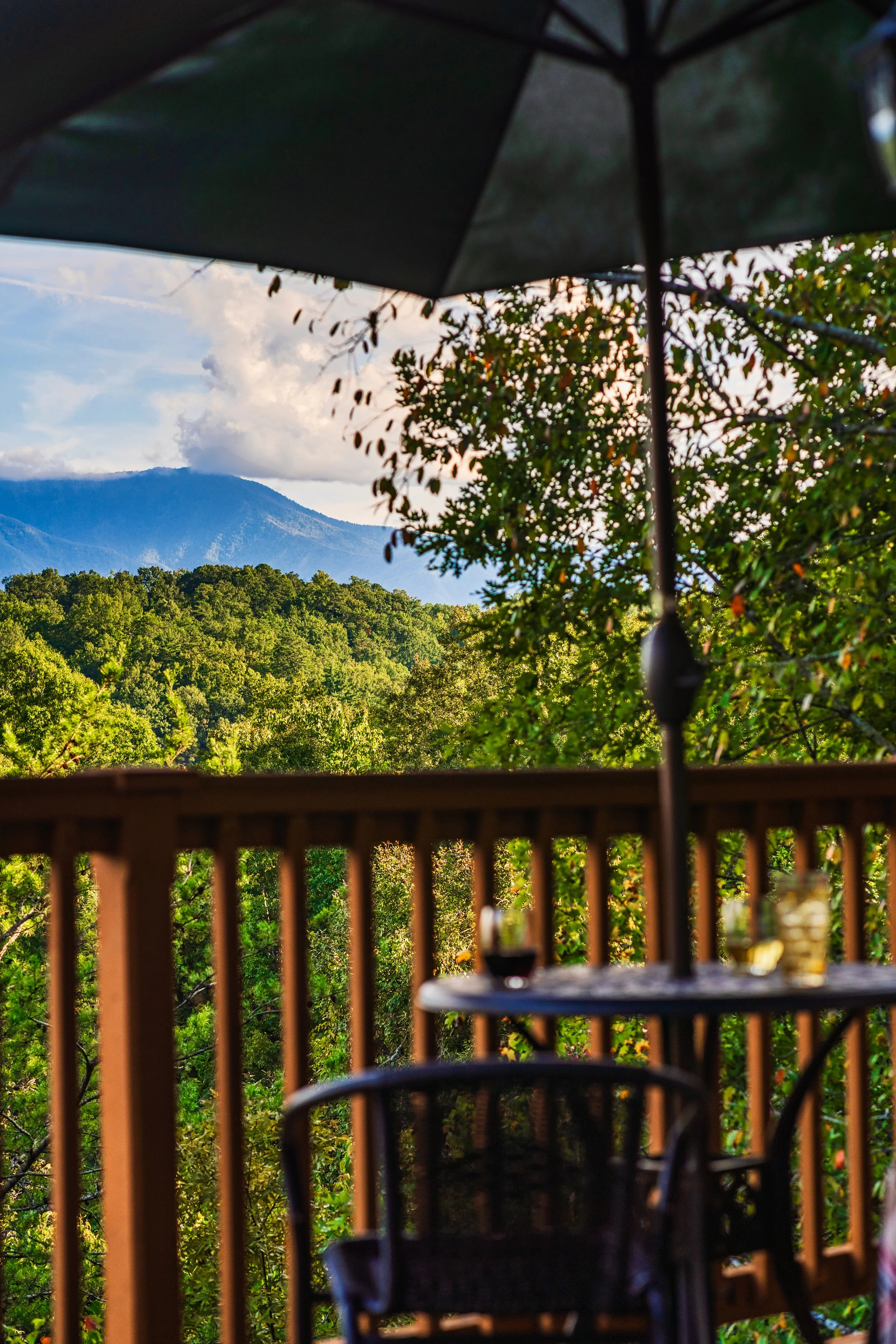 A wooden deck with a table set for a meal, including wine glasses and a small bowl, overlooking a lush green landscape with a mountain in the background during daytime.