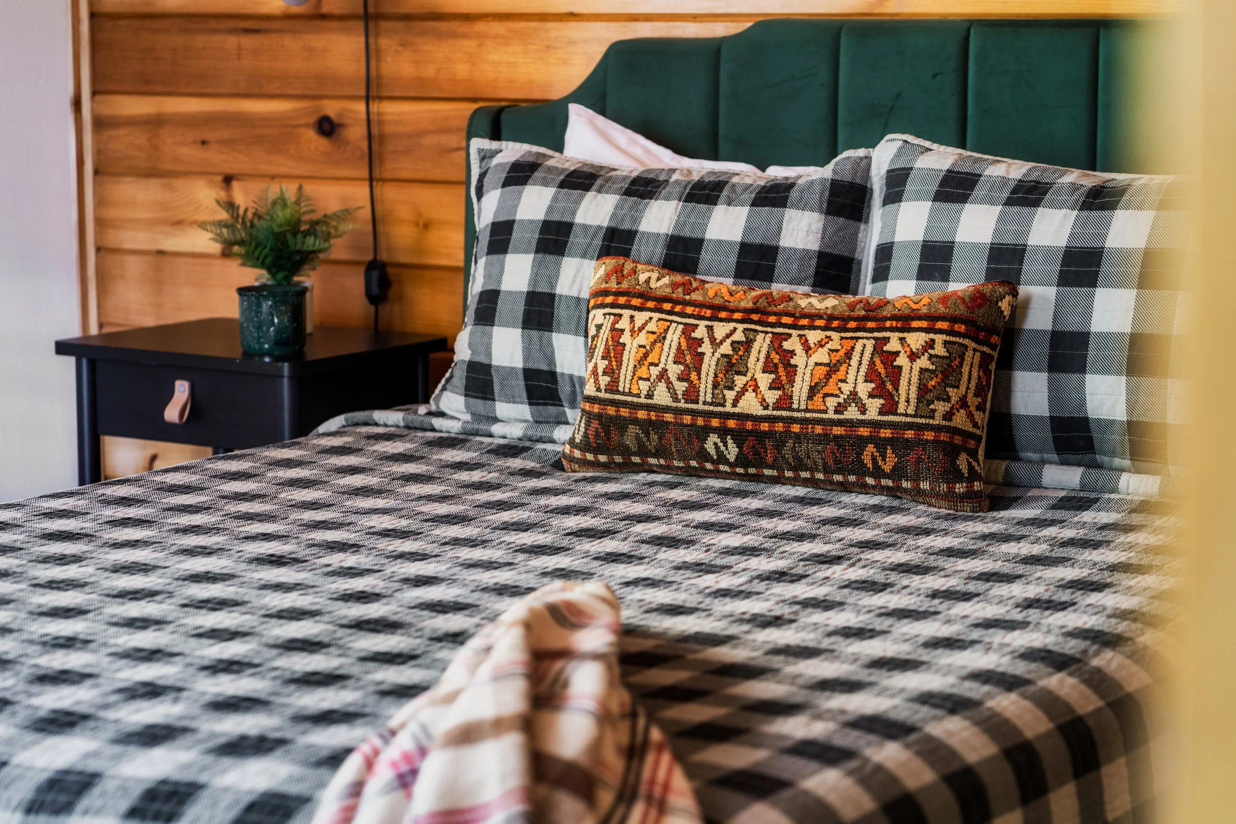 Close-up view of a bed with a patterned black-and-white bedspread, decorative pillows including a pillow with a colorful embroidered design, and a green headboard. A nightstand with a small plant in a dark green pot is beside the bed, and a wooden wa