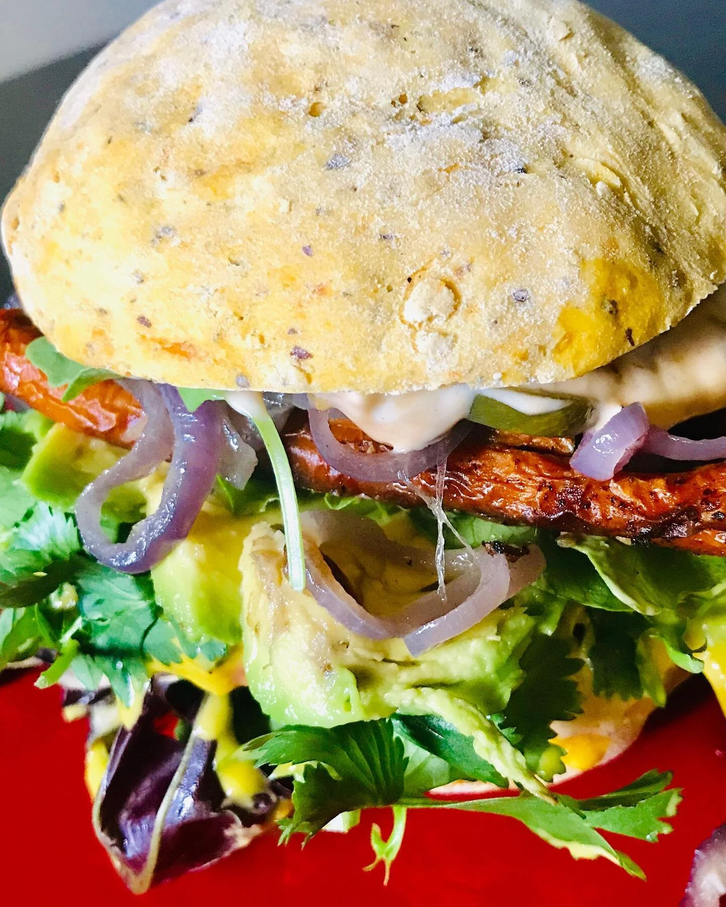 Our fully-loaded, mouth-watering roasted beet-bean-quinoa burger patty, is hiding in this mountain of vegan goodness! So, I&rsquo;m thinking of calling it the Rainbow Mountain Burger! 🏔🌱🍔🌱🏔 In honor of my adopted home town of Mount Shasta and al