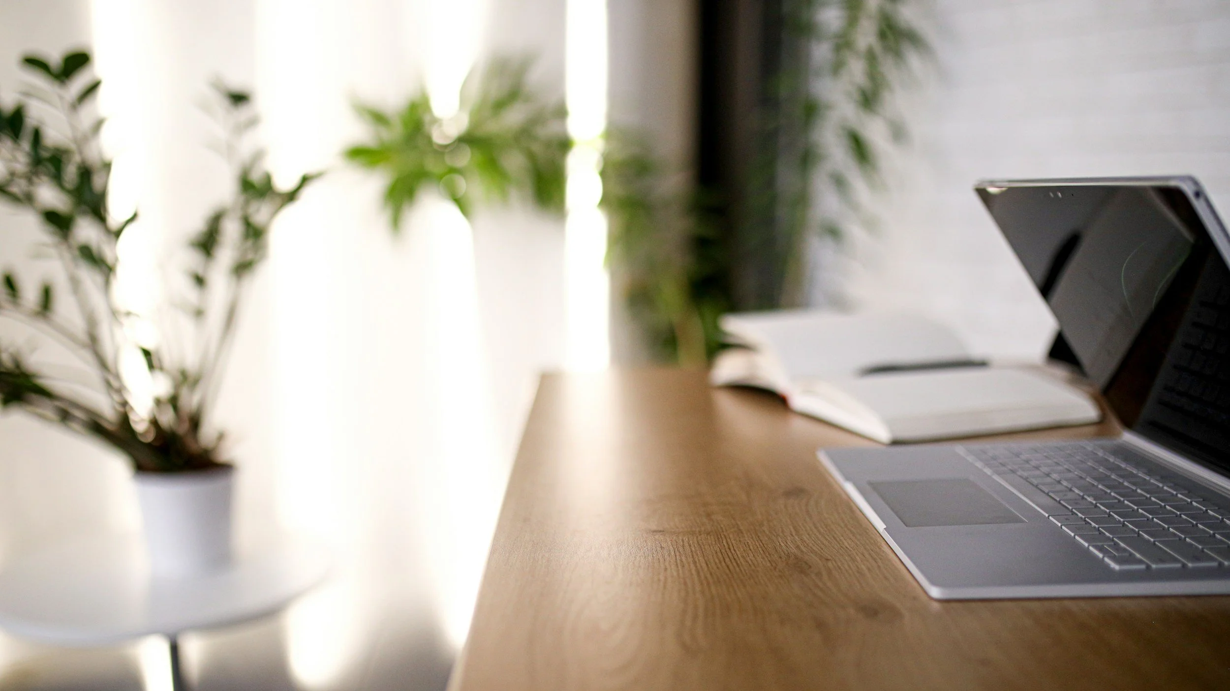 A workspace with a laptop, open notebook, and potted plant on a wooden desk, with a blurred background of light streaming through a window.