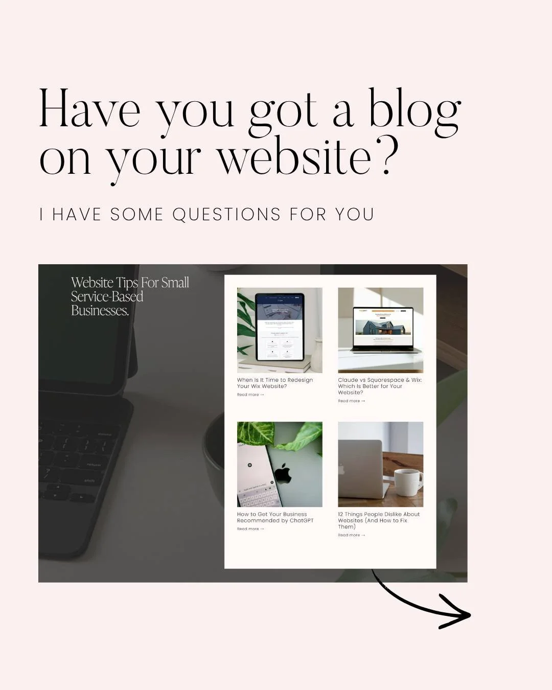 Having a blog on your website (I call mine website tips because I'm not a fan of the word blog) sounds like a great idea until you remember that someone actually has to write it 🤓

I get it. You&rsquo;re running a business, keeping up with social me