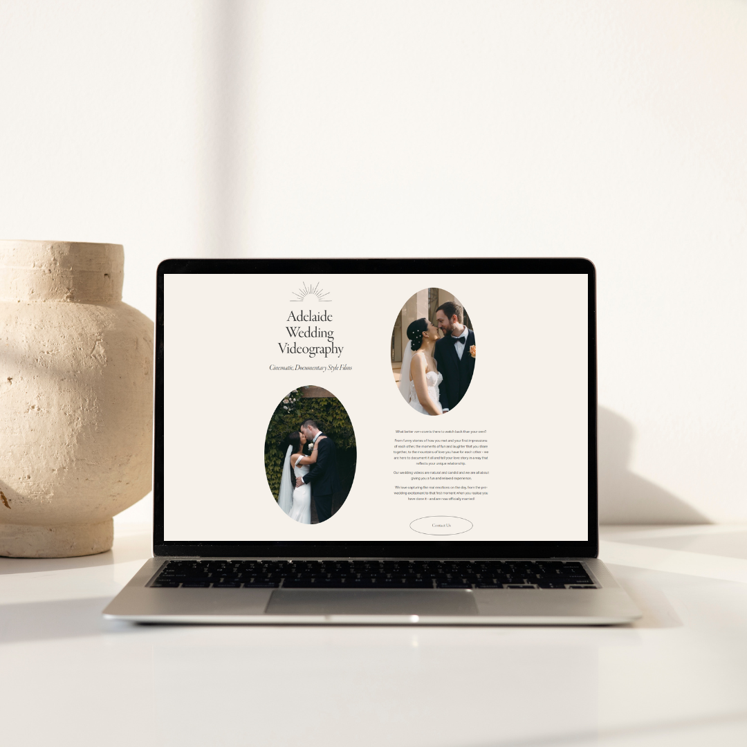 Laptop displaying a wedding videography website with pictures of a bride and groom and text about Adelaide wedding videography.
