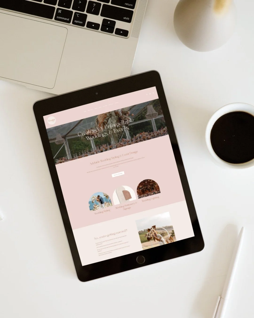 A mock up of a wedding businesses website on a tablet