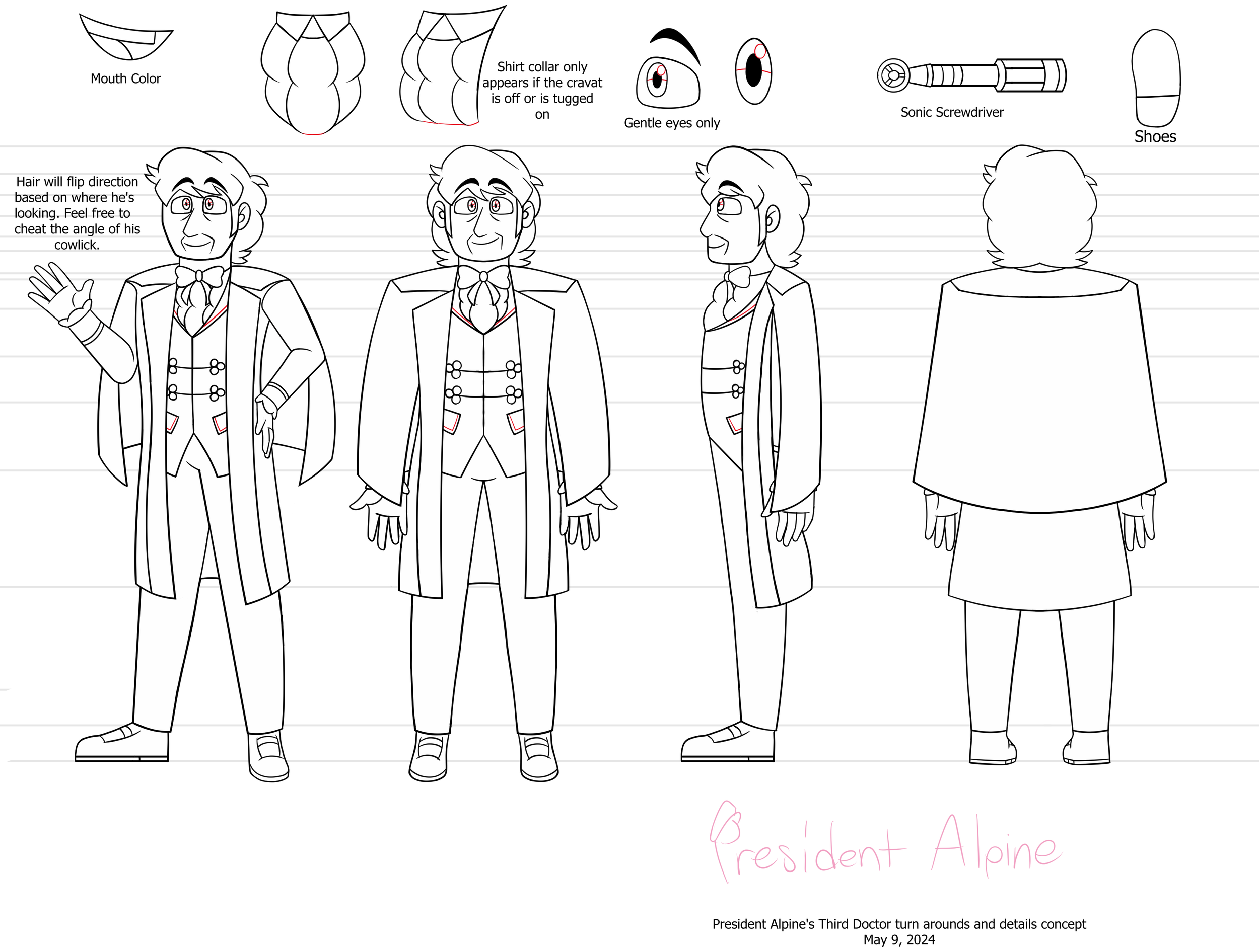 A black and white character turn around sheet with self color lines for the Third Doctor with an open cloak - May 2024
