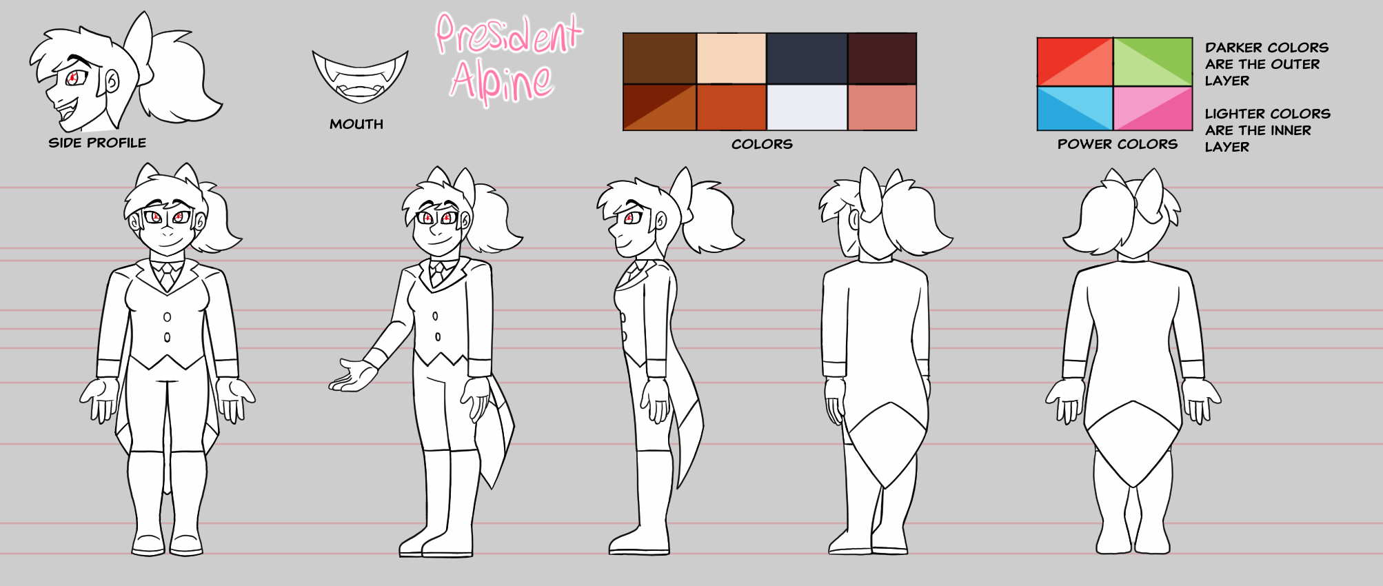 A black and white character sheet with info about my mascot / persona, President Abigail "Alpine" Mayfield  - September 2026