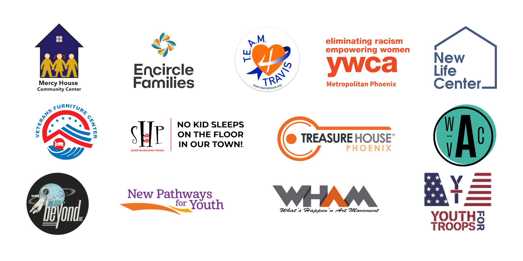 Collection of logos for various nonprofit organizations, including Mercy House Community Center, Encircle Families, Team 4 Travis, YWCA Metropolitan Phoenix, New Life Center, Veterans Furniture Center, Sleep in Heavenly Peace, Treasure House Phoenix, WAAC, Beyond Inc., New Pathways for Youth, WMA, and YT Youth Troops.