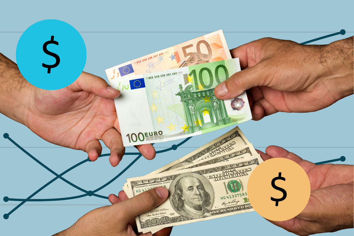 Four hands exchanging Euro and Dollar bills.