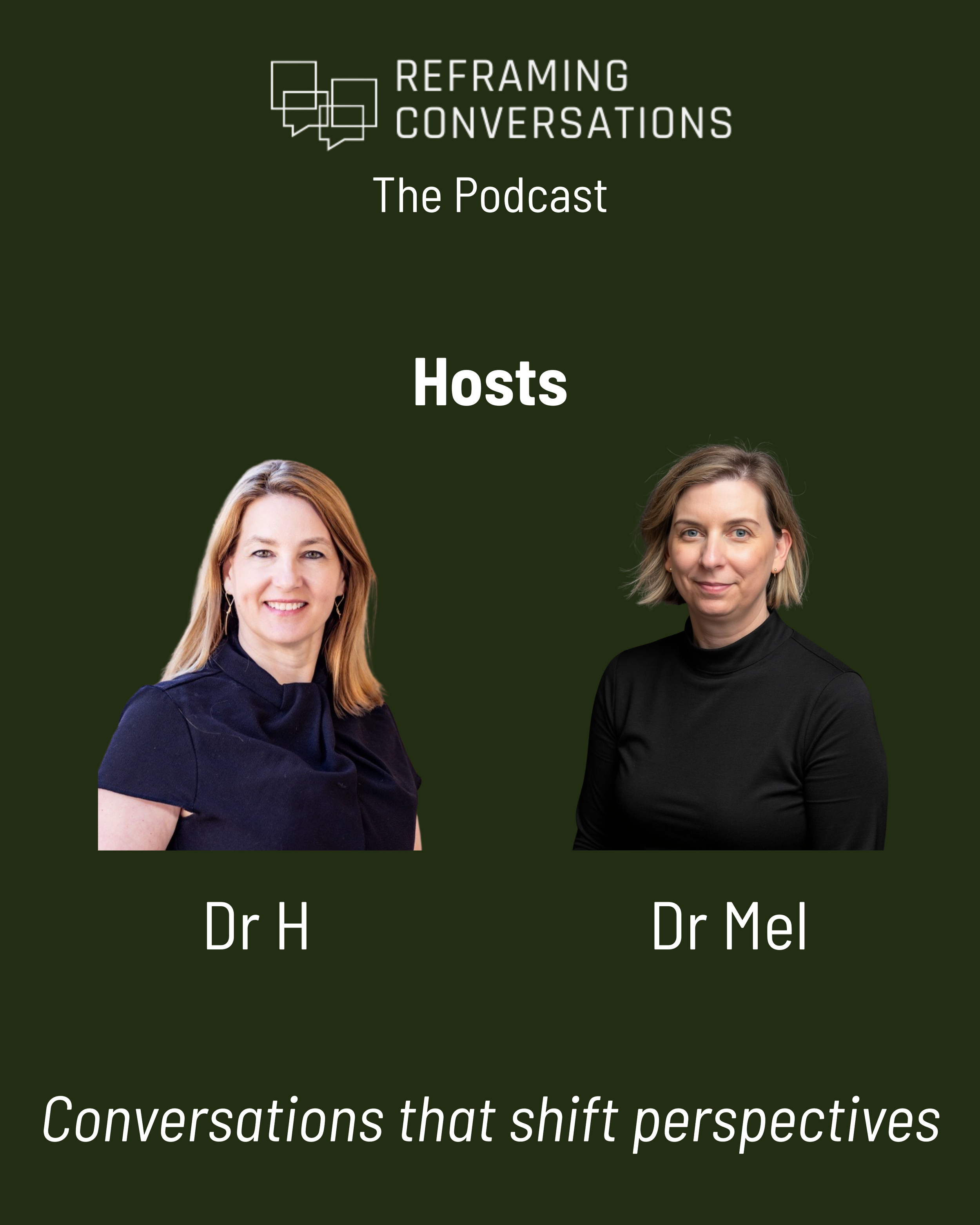 The image shows a promotional graphic for a podcast titled 'Reframing Conversations.' It features photos of two women, labeled as Dr. H and Dr. Mel, against a dark green background. The subtitle reads 'Conversations that shift perspectives.'