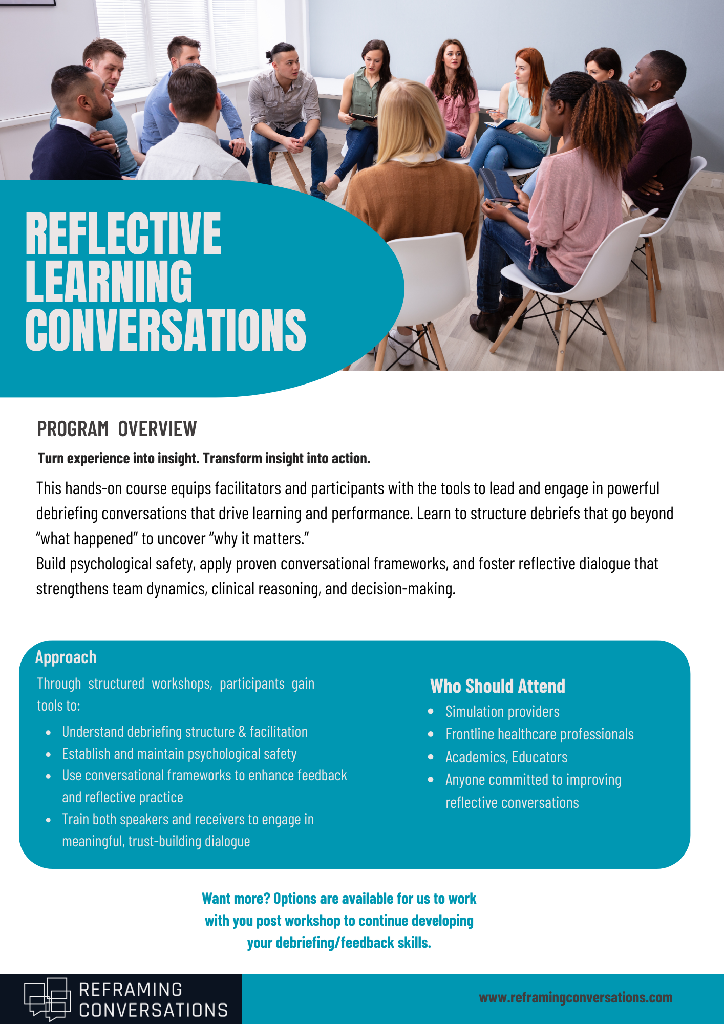 A diverse group of people sitting in a circle having a discussion in a well-lit room with large windows. They are engaging in a reflective learning conversation, taking notes, and listening attentively.