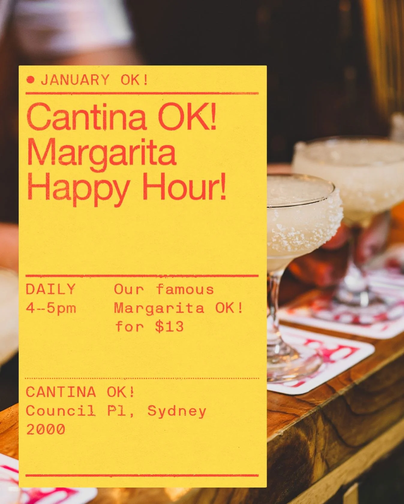 HAPPY HOUR OK! ❤️

We&rsquo;re starting the year off as the happiest month! $13 Margarita OK&rsquo;s this month at Cantina OK! 

4-5pm, 7 days. 

#CantinaOK