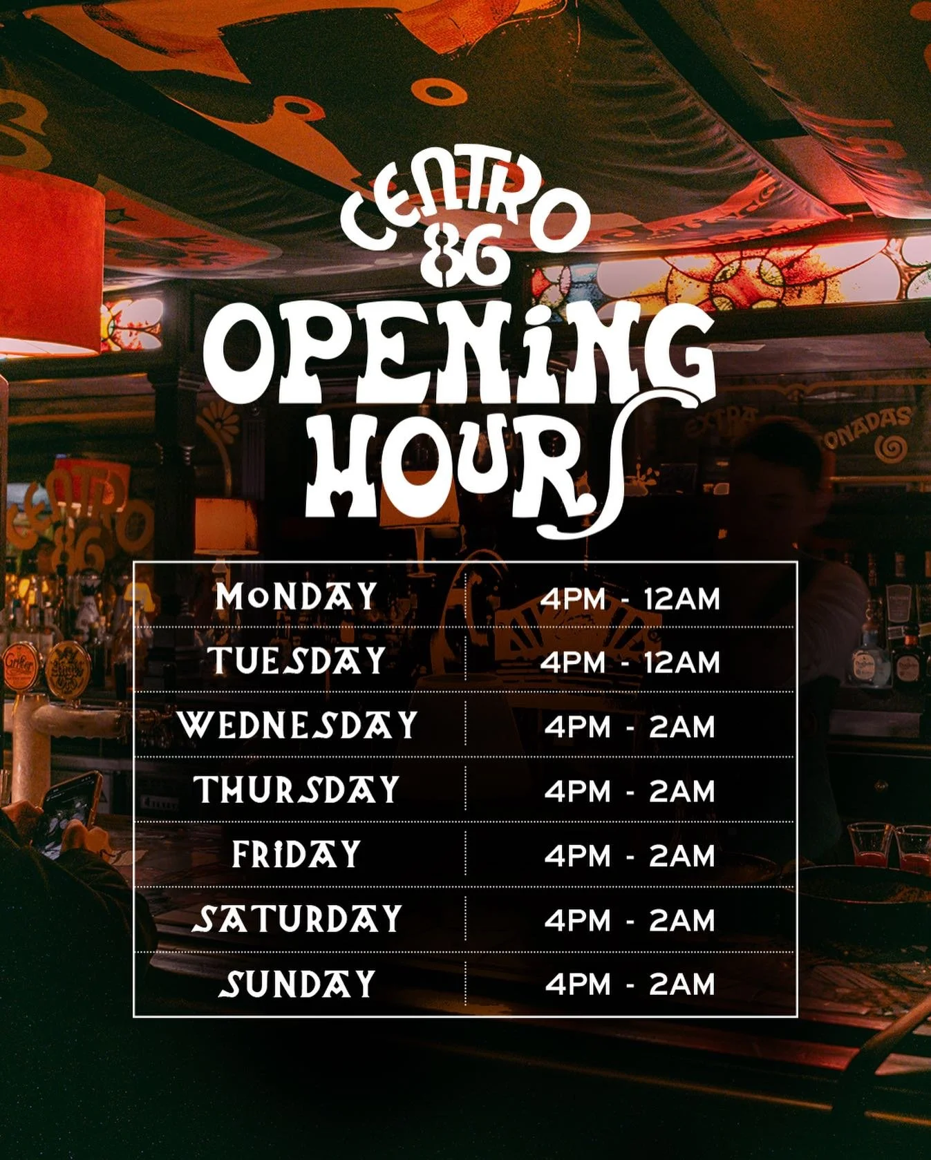 Updated Opening Hours! 💚

Now open until 2am, every Sunday. 

#Centro86
