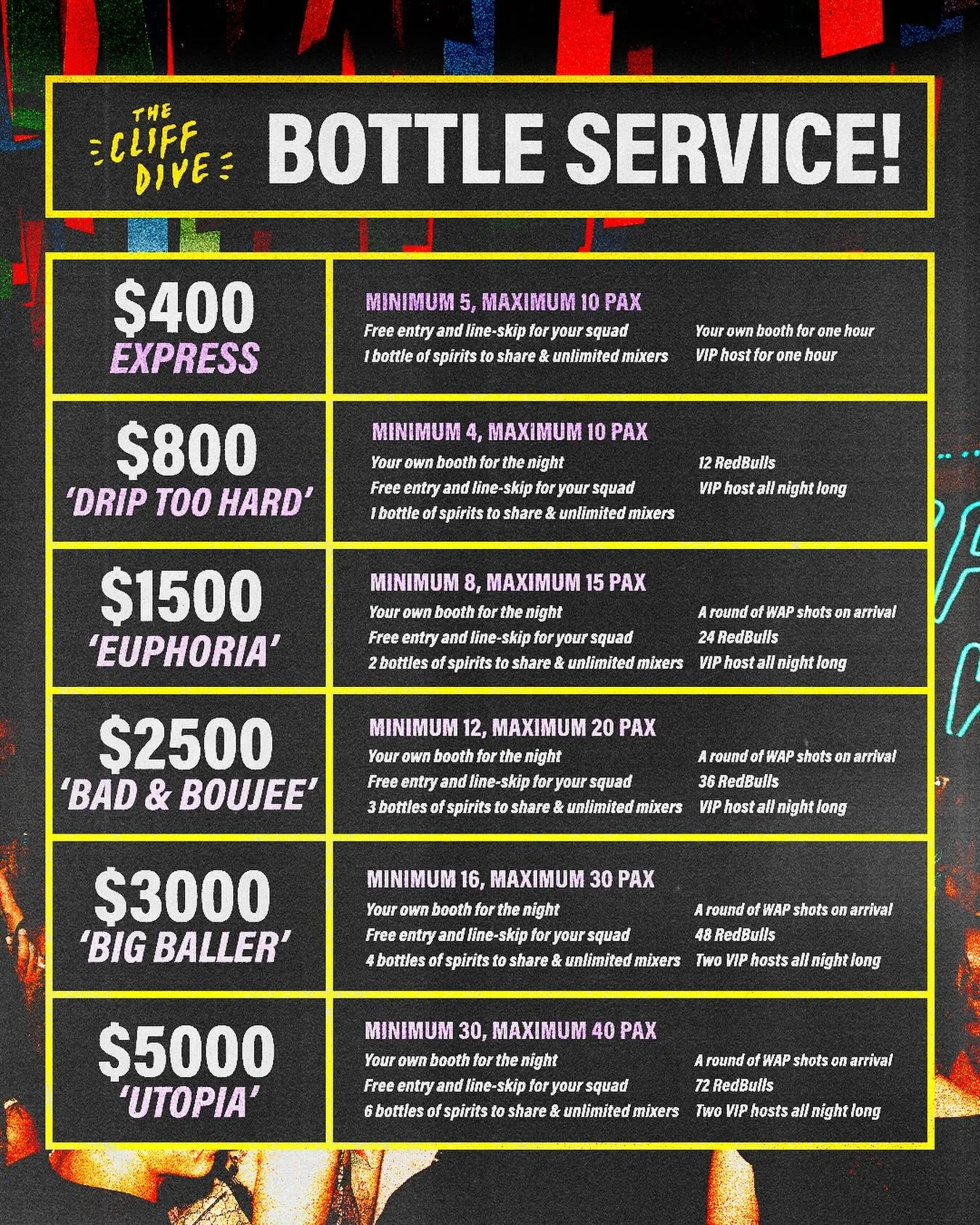 BOTTLE SERVICE PACKAGES FOR YOU &amp; YOUR SQUAD 🍹✨

BE A VIP, EVERY NIGHT ❗
BOOK VIA OUR WEBSITE NOW! 💯

#TheCliffDive