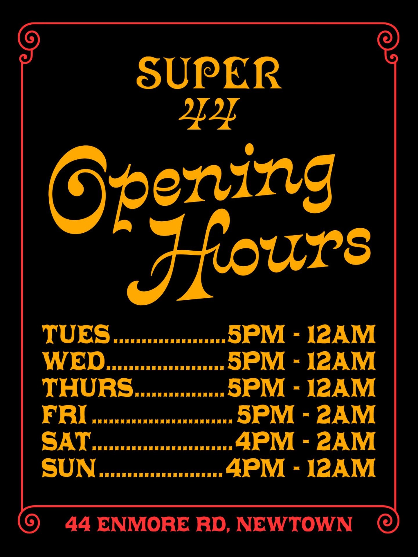 OPENING HOURS ❤️

Now open Tuesdays! We can&rsquo;t wait to serve you more margaritas!

#Super44