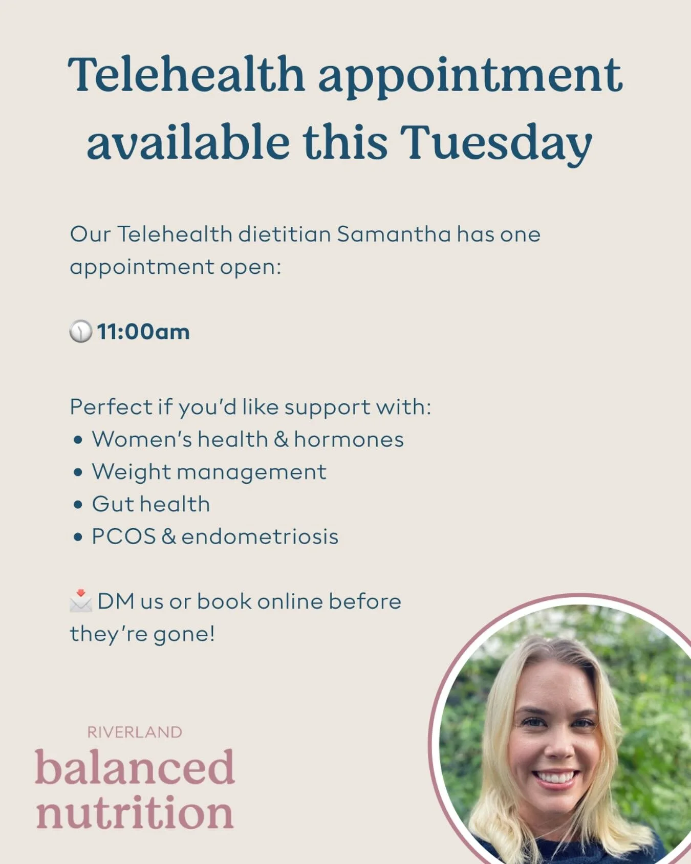 We have one spot available this week with our dietitian Samantha. If you&rsquo;re ready to get your nutrition on track, get in touch or book in online. 

#telehealth #womenshealthdietitian #riverlandbalancednutrition