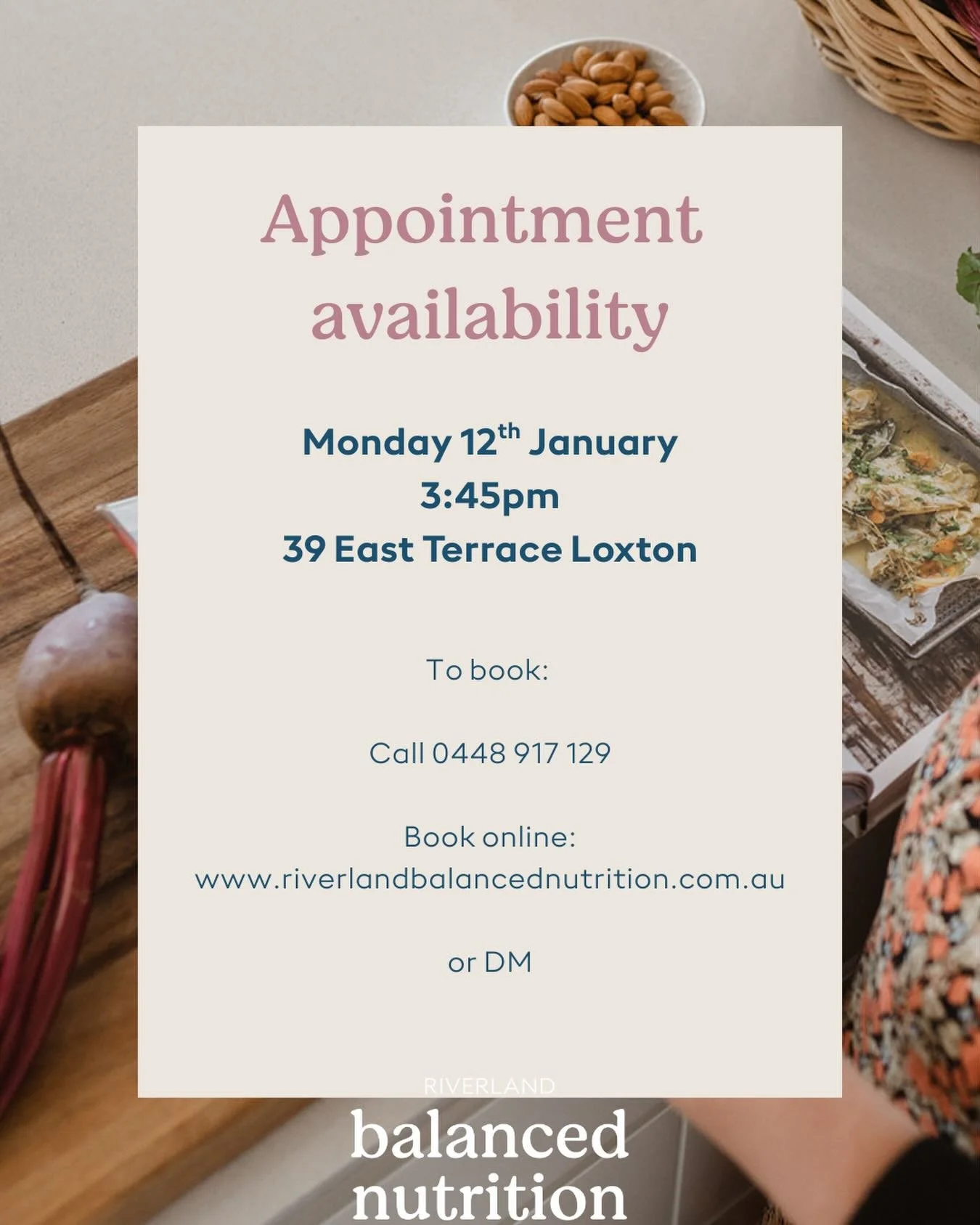 We&rsquo;ve had a cancellation appointment become available this Monday afternoon. Available to either new or existing clients. 
Get in touch to book, or head over to the website to book online.

#ruraldietitian #riverlandbalancednutrition #riverland