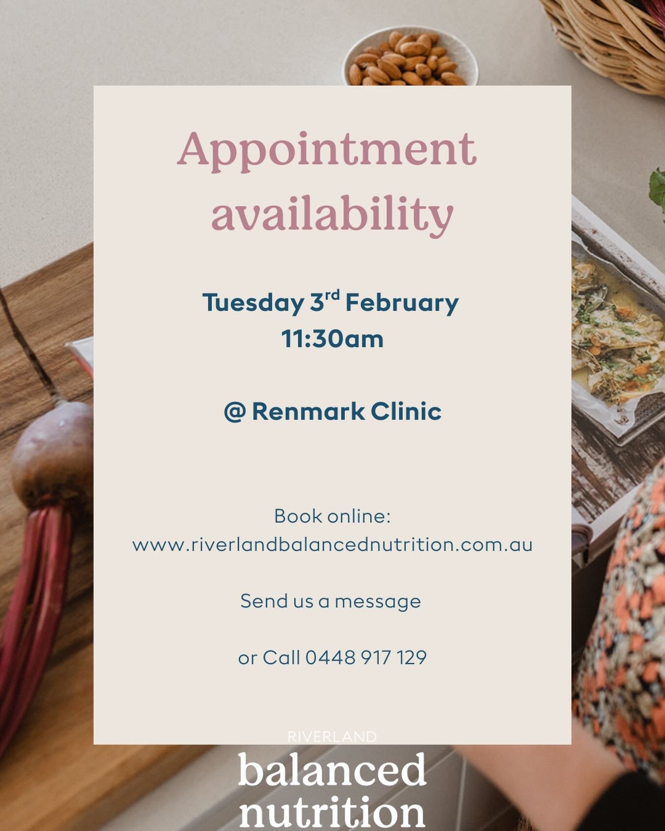 Renmark appointment just opened up.

We&rsquo;ve had a cancellation for 11:30am Tuesday 3rd Feb in our Renmark clinic.

Our next Renmark availability after this isn&rsquo;t until April, so if you&rsquo;ve been meaning to book in, this is a good chanc
