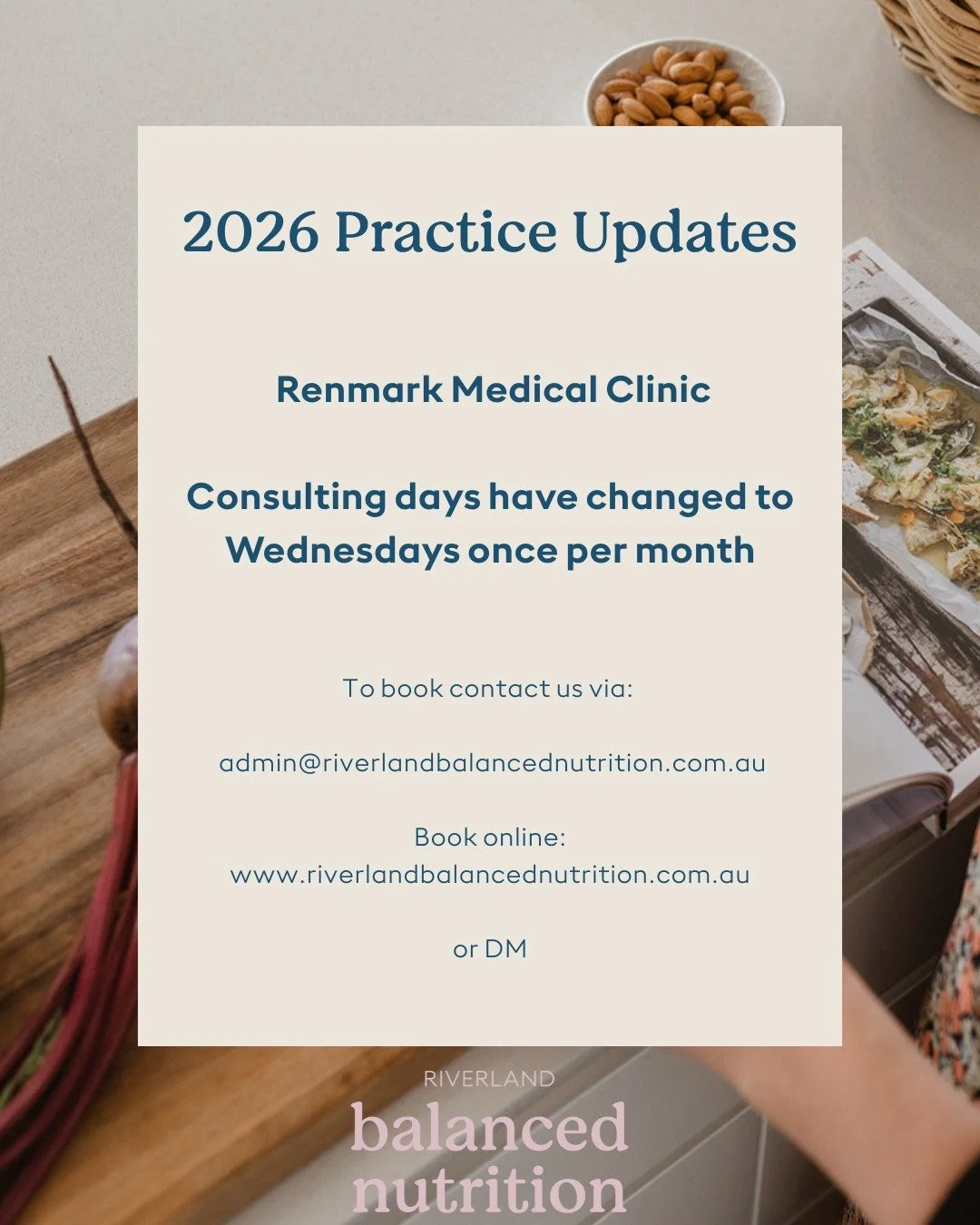 Did you know I visit Renmark once per month, consulting from Renmark Medical Clinic?

As a rural dietitian, I support people of all ages with:
&bull; Type 2 diabetes
&bull; Heart health and cholesterol
&bull; Weight management
&bull; Women&rsquo;s he