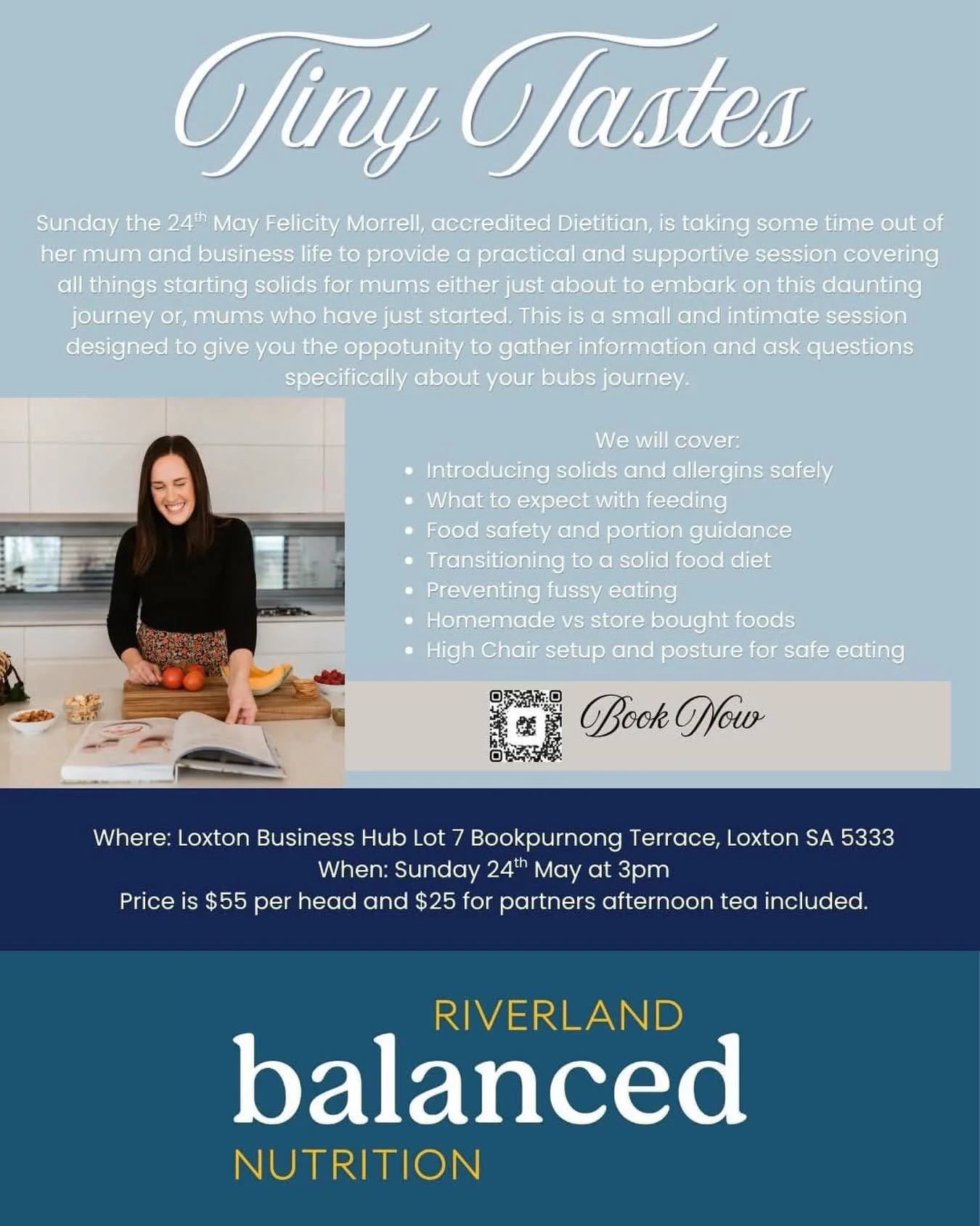Starting solids soon? 🤍

I&rsquo;ll be presenting an Introduction to Solids workshop on Sunday 24th May in Loxton &mdash; designed for parents of babies from around 3 months onwards who are starting to think about solids, as well as parents who&rsqu