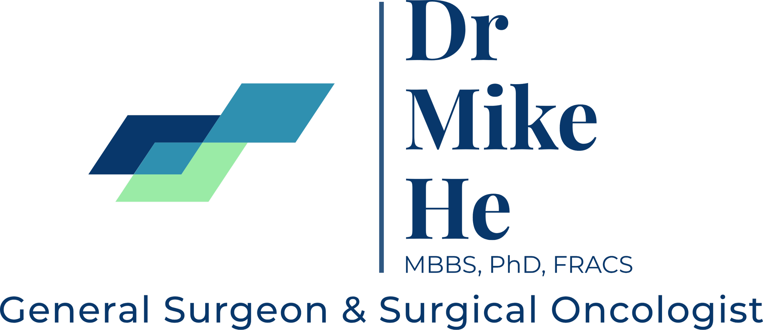 Logo for Dr. Mike He, a general surgeon and surgical oncologist, with stylized geometric shapes and text highlighting his credentials MBBS, PhD, FRACS.