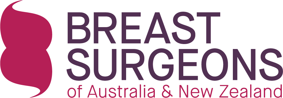 Logo of Breast Surgeons of Australia & New Zealand with a pink silhouette of a breast and purple text.