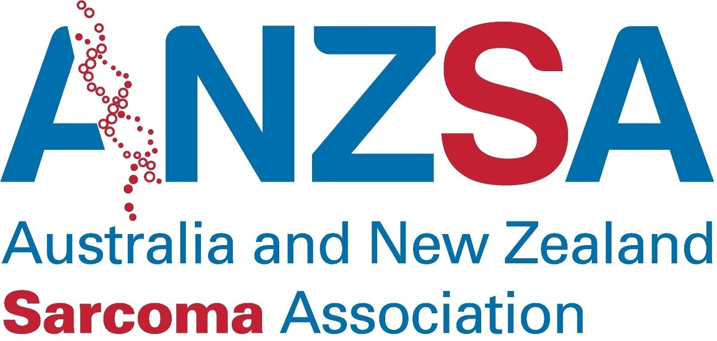 Logo of the Australia and New Zealand Sarcoma Association, featuring stylized map outline with dots on the left side, and blue and red text.