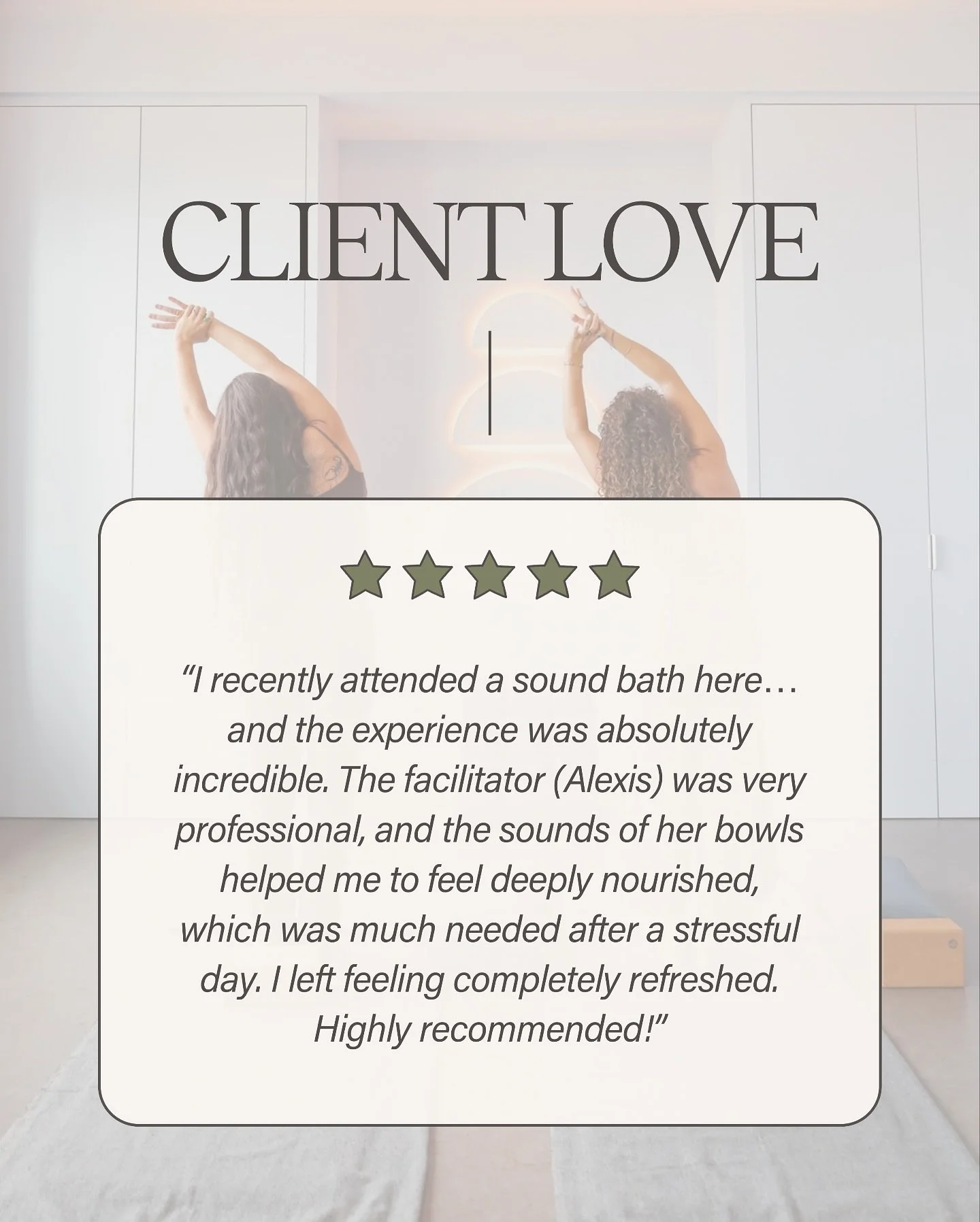 Testimonial Tuesday ✨ 

Sound Baths are now included in every membership! Join us every Friday at 5:30pm to rest, reset, and receive the healing power of sound. 🌙

🕊 The perfect way to close out your week
🕊️ Also join Alexis every Tuesday evening 