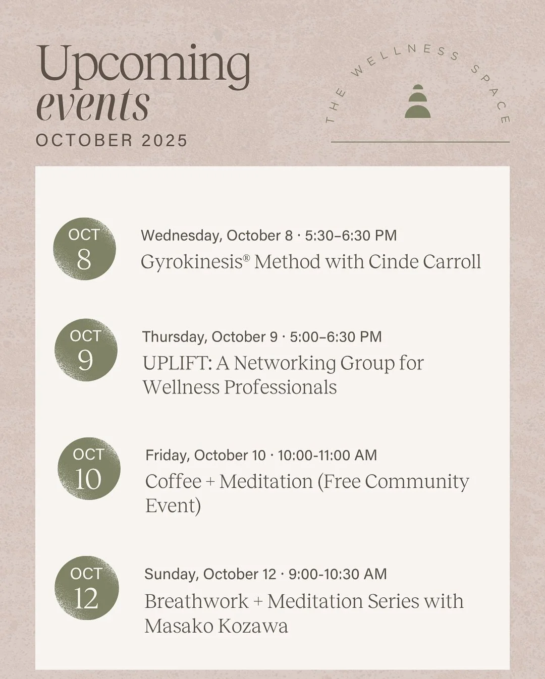 Welcome, October!

Our calendar is packed with ways to nourish your nervous system, move your body, and refill your cup. Here&rsquo;s our October event schedule. 

Save this post + share with a friend who needs it.
Reserve your spot via our website u