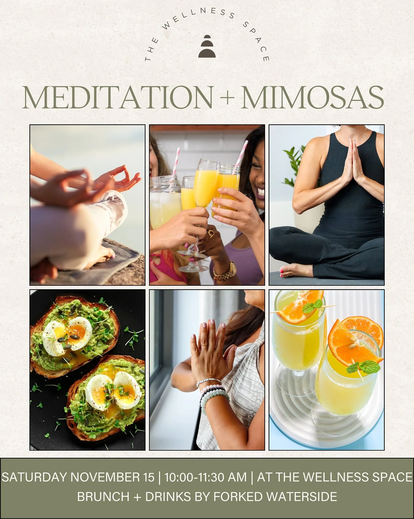 Join us for Meditation & Mimosas on Saturday October 15th! 
We’ll begin with a guided meditation experience with Maria followed by a chef-inspired brunch from FORKED, complete with your choice of mimosa or fresh juice. 🥂
No experience ne
