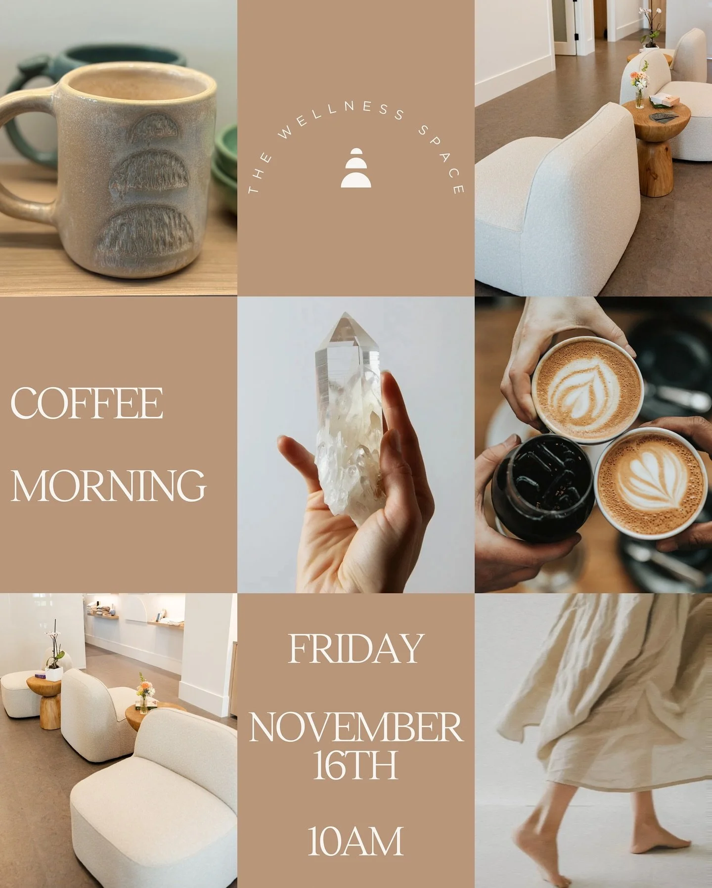 Casual connection over coffee! Join us for a free community coffee morning Friday November 16th at 10:00am. Please rsvp under classes on our website! ☕️✨🤍
